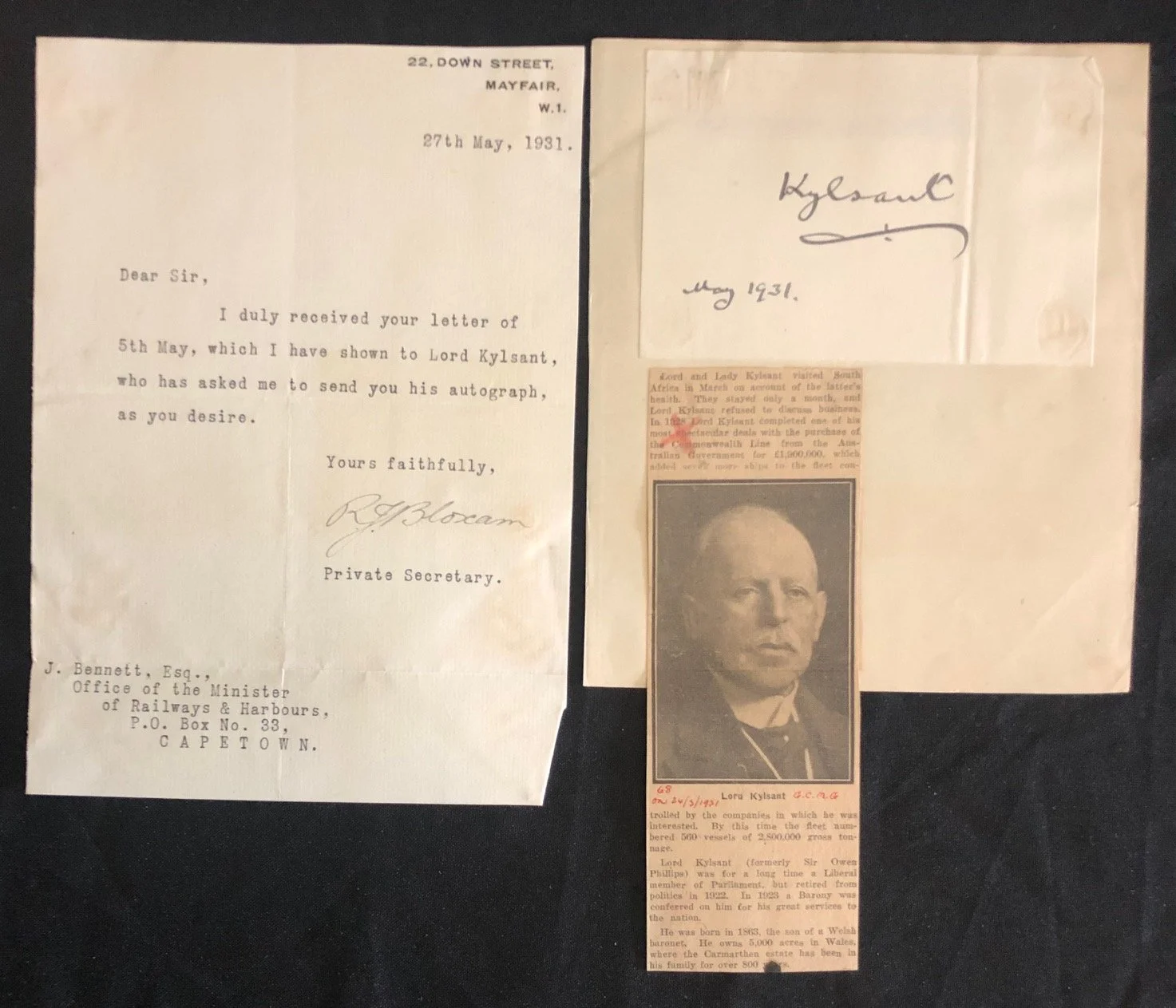Autograph: Lord Kylsant, Head of the Royal Mail Steamship Company (1931)