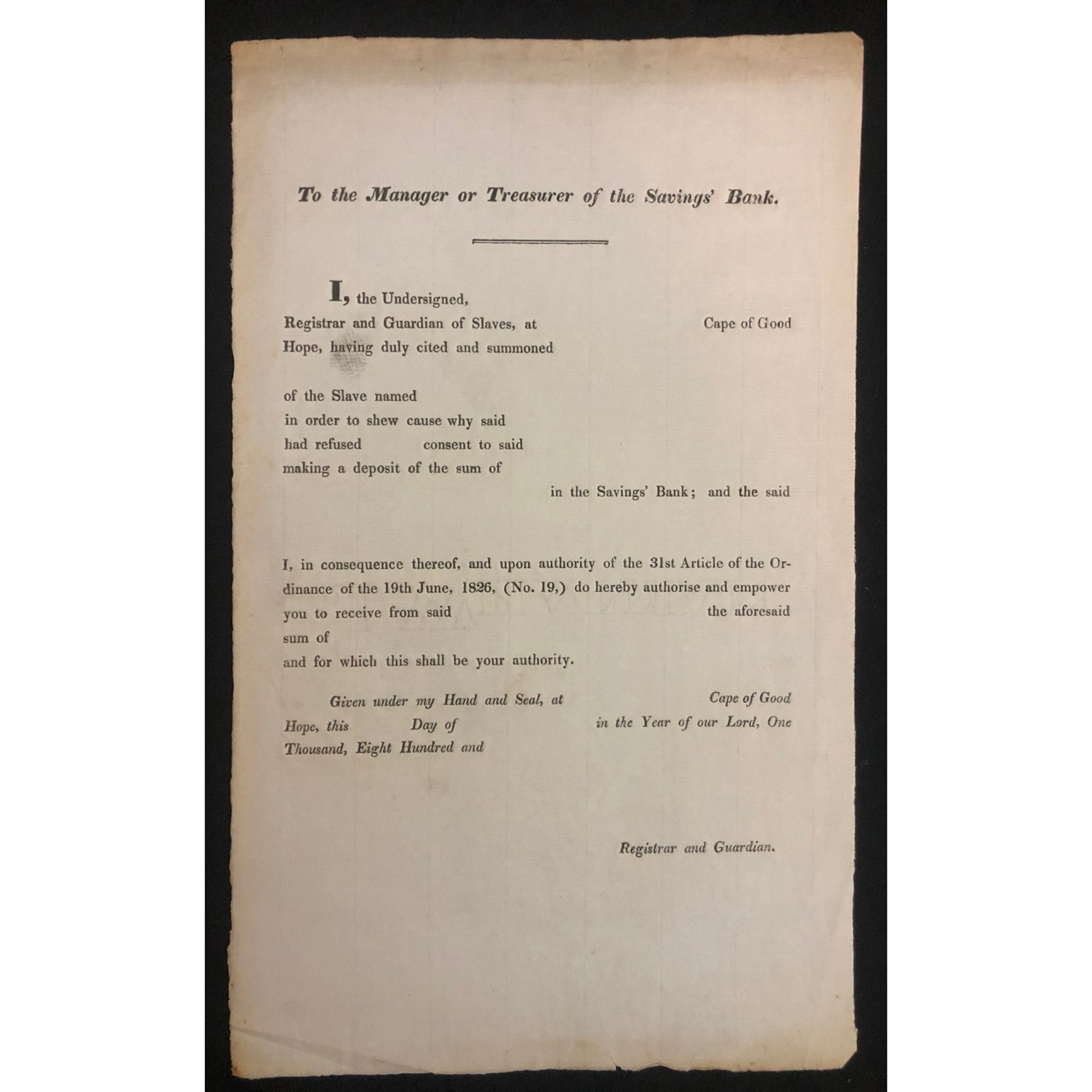 Cape Colony Registrar and Guardian of Slaves (1826) R4,000