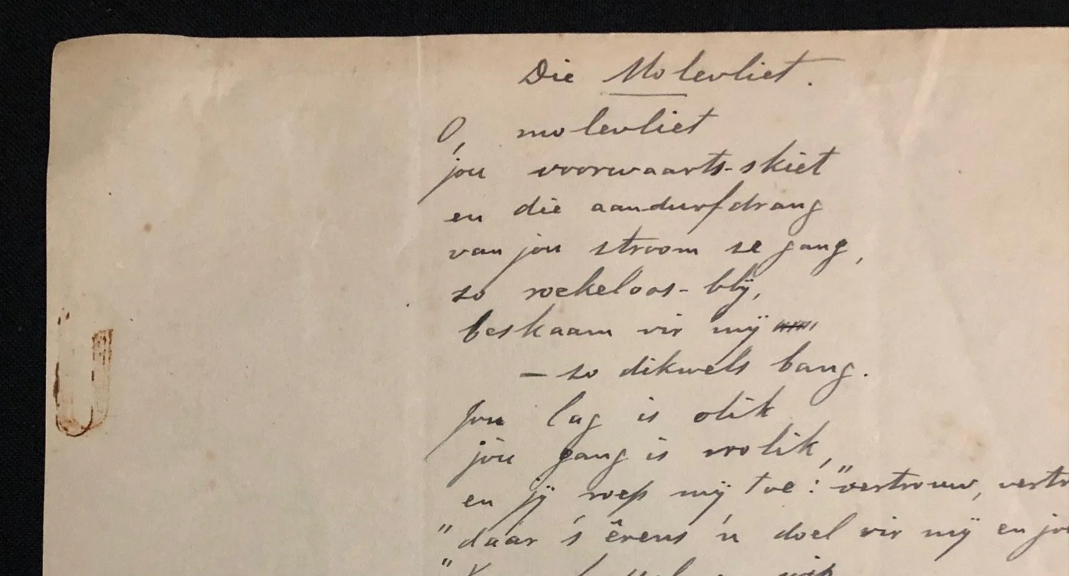 Manuscript poem titled "Die Molevliet" (The Mill Stream)  By Jan F.E. Celliers (c.1920)