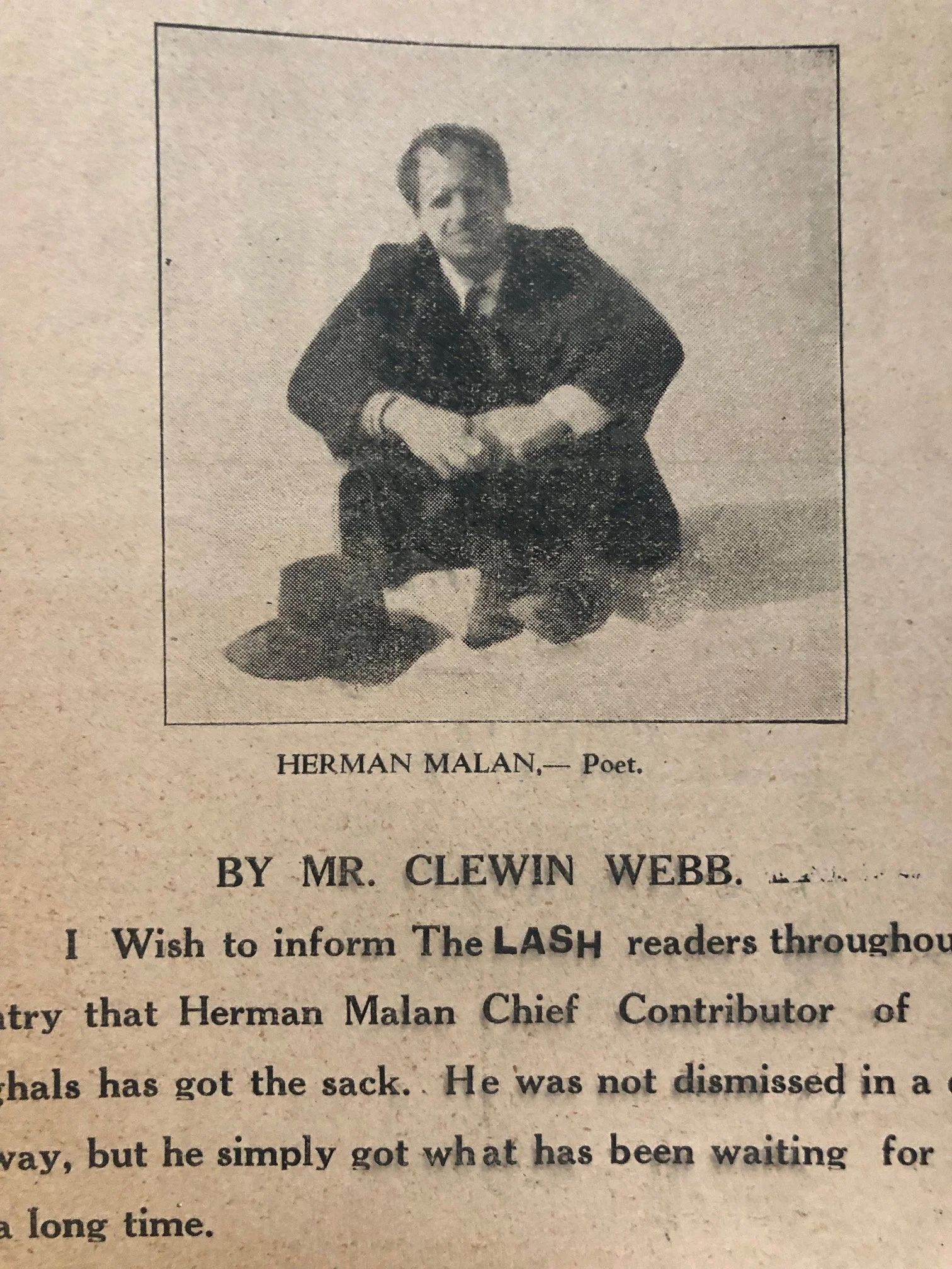 Front-page public denunciation of "Herman Malan." - Herman Charles Bosman (1934)