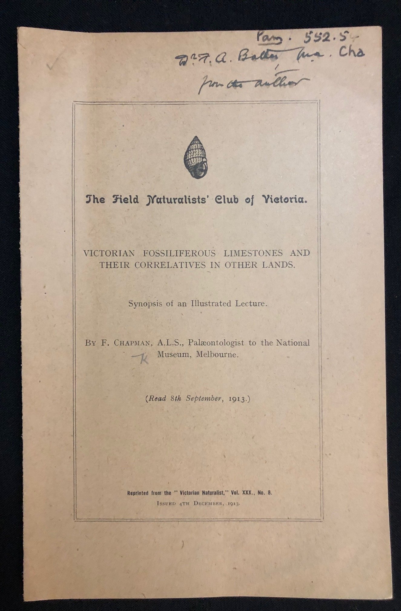 "Victorian Fossiliferous Limestones and Their Correlatives in Other Lands" by F. Chapman