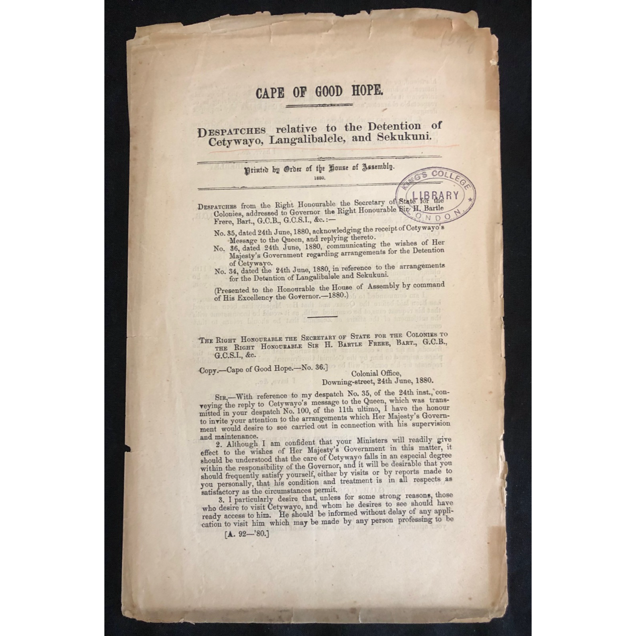 Blue Book: The Detention of Cetywayo, Langalibalele and Sekukuni (1880) R2,000