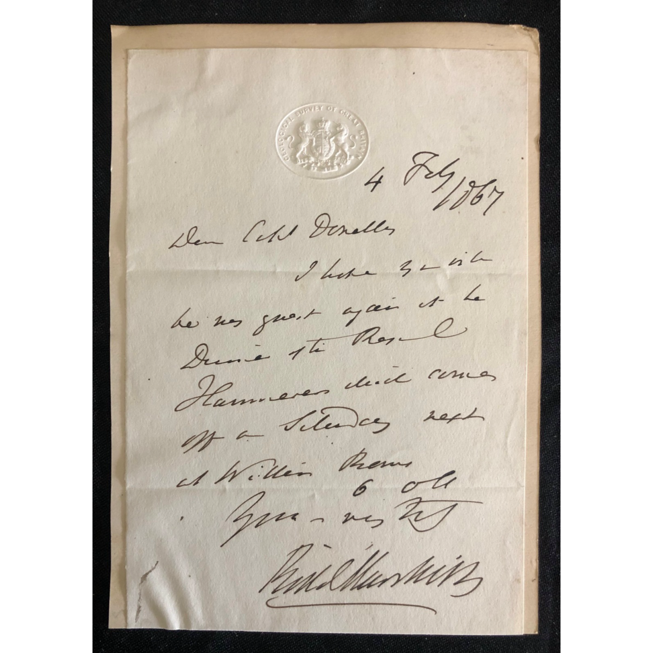 Manuscript Letter, Geologist: Sir Roderick Impey Murchison (1867) R1,250