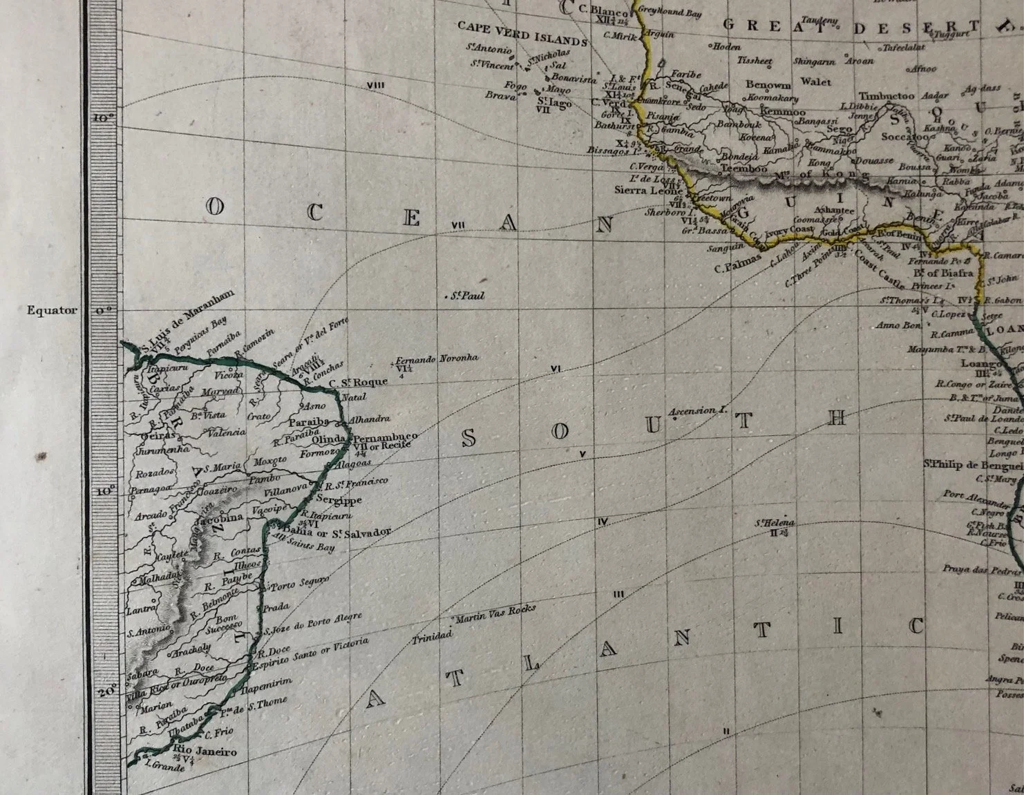 Original antique map showing The Shadow of the Treaty of Tordesillas