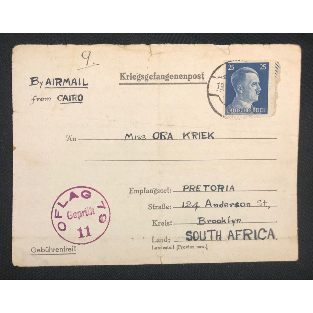 Three WWll POW postcards - Lt. Col. P.L. Kriek Sold