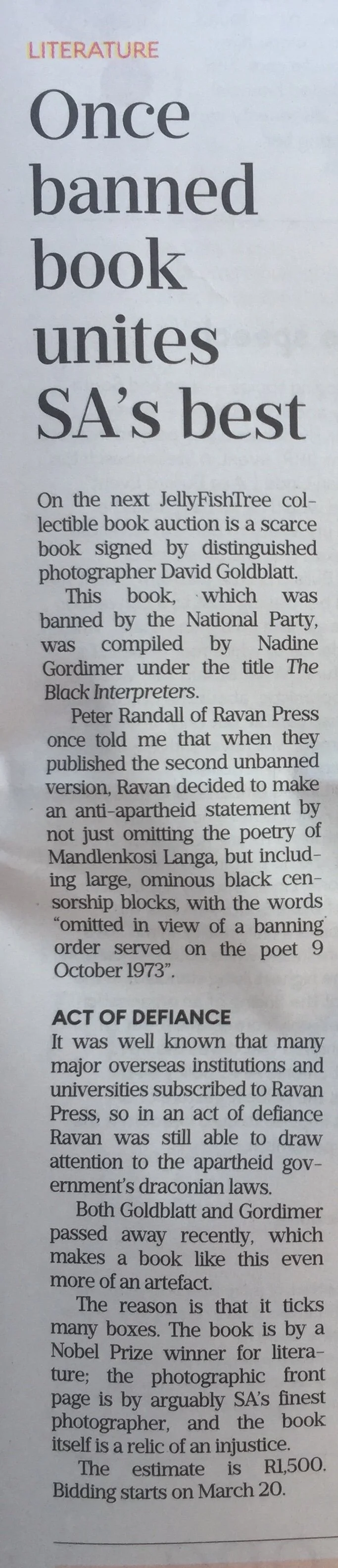 James Findlay – Once banned book unites SA’s best – Business Day March 2019