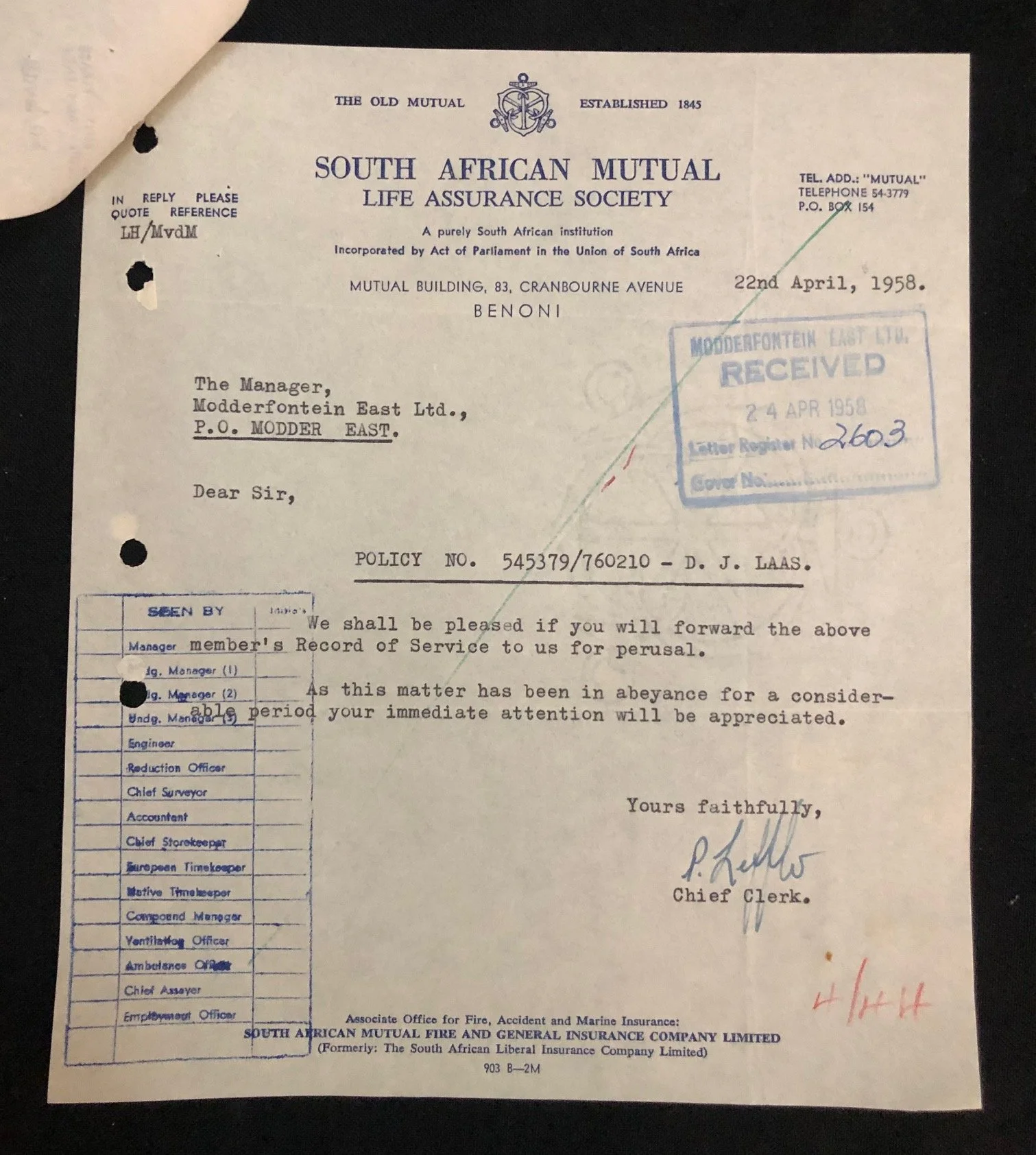 South African Mutual Life Assurance Society. Apartheid Interest 1958