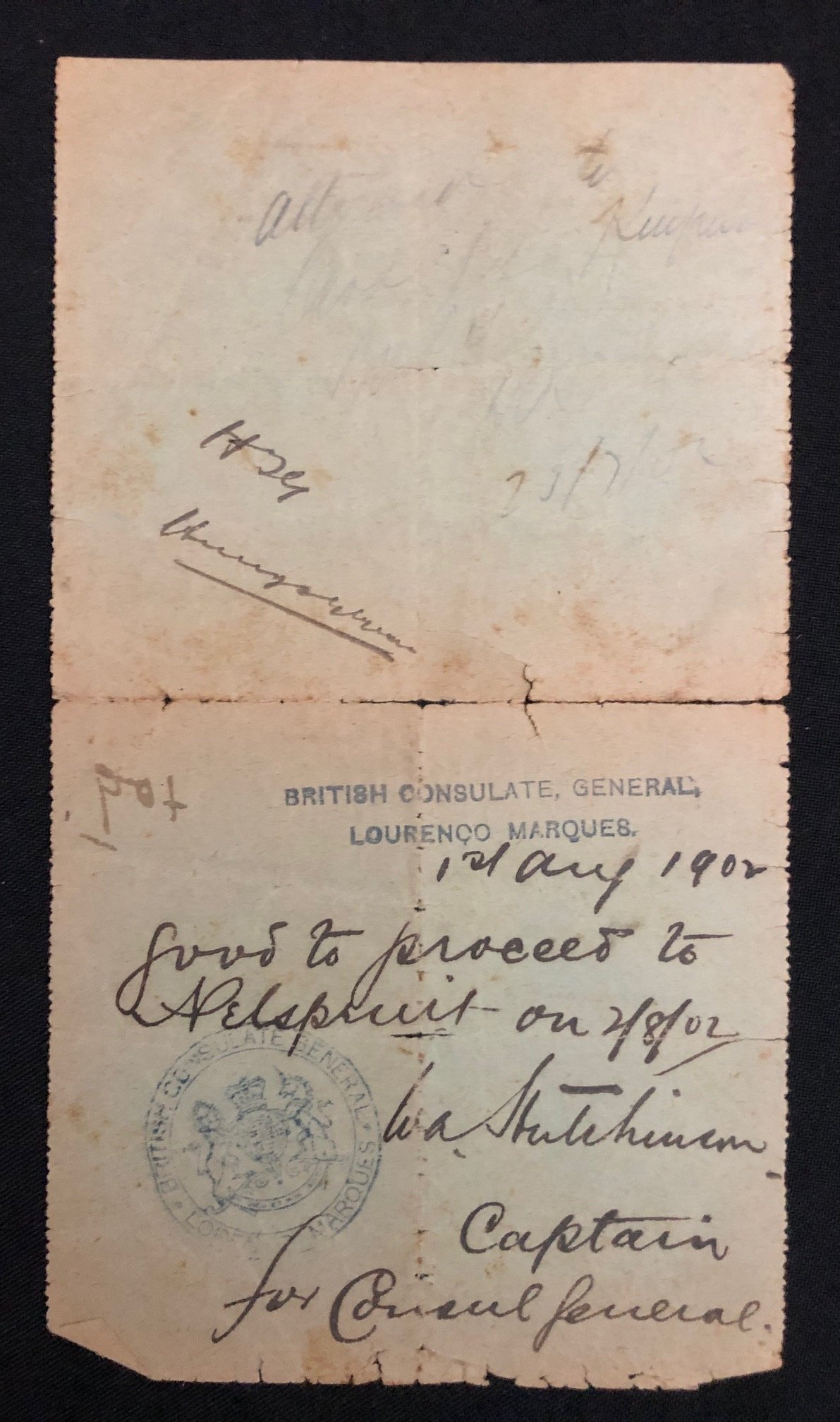 Travel permit issued to Mr. H. T. Glynn, Eastern Transvaal (1902)