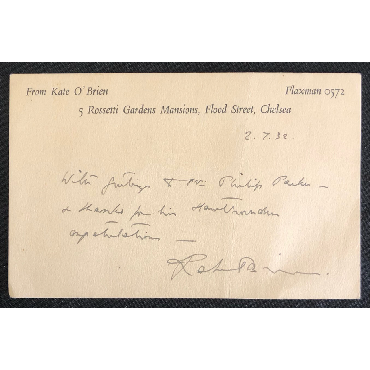 Manuscript card by acclaimed Irish novelist and playwright Kate O'Brien (1932) R1,000