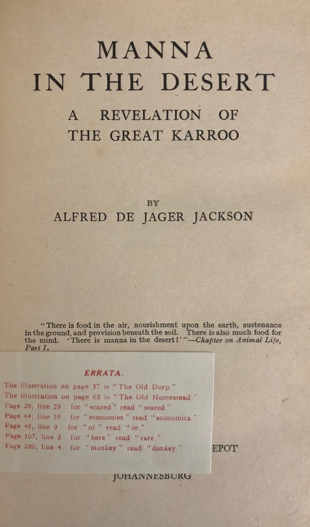 Alfred de Jager Jackson’s Manna in the Desert: A Revelation of the Great Karroo (first edition) 1920