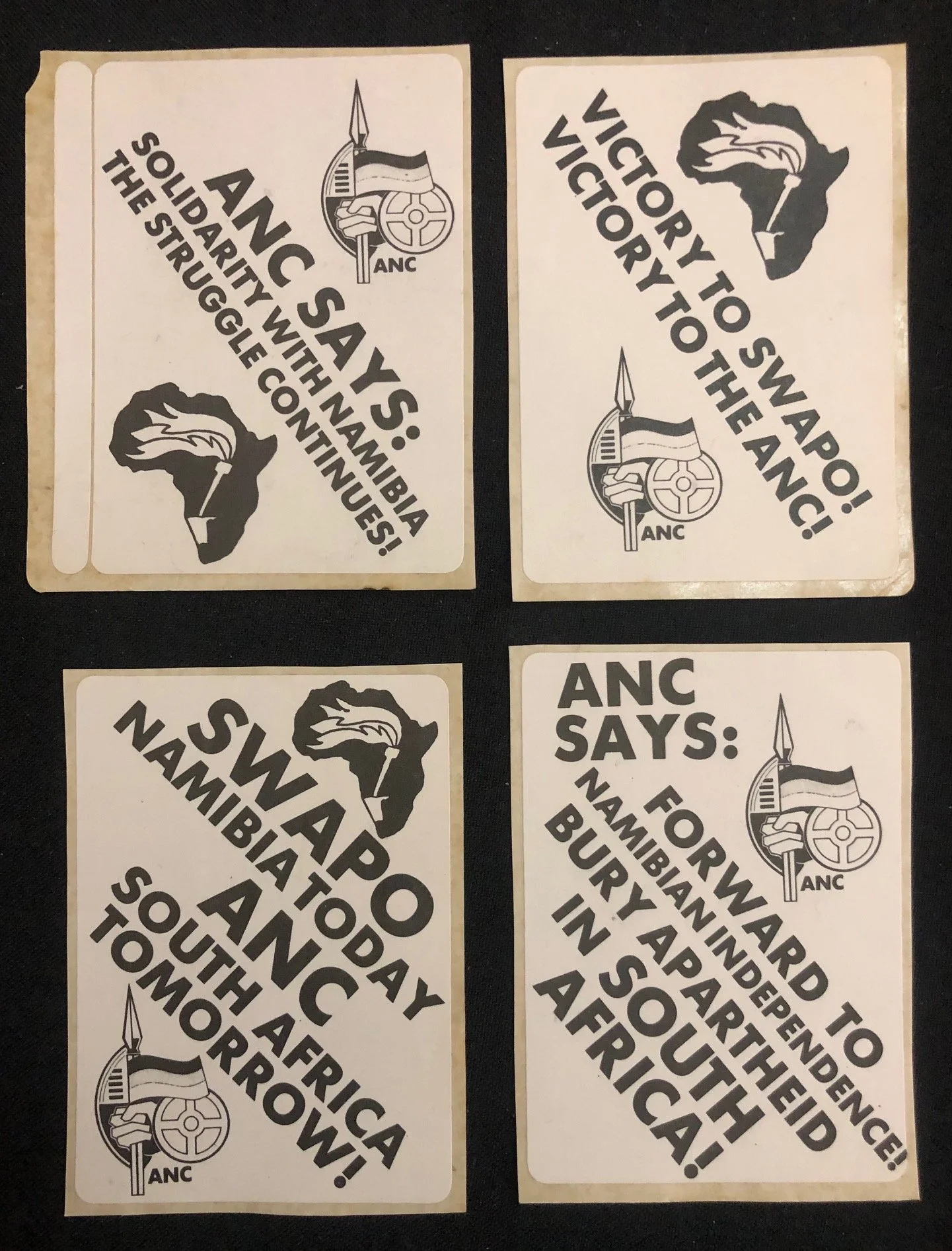 Stickers relating to the liberation struggles of the African National Congress (ANC) and the South West Africa People’s Organisation (SWAPO).