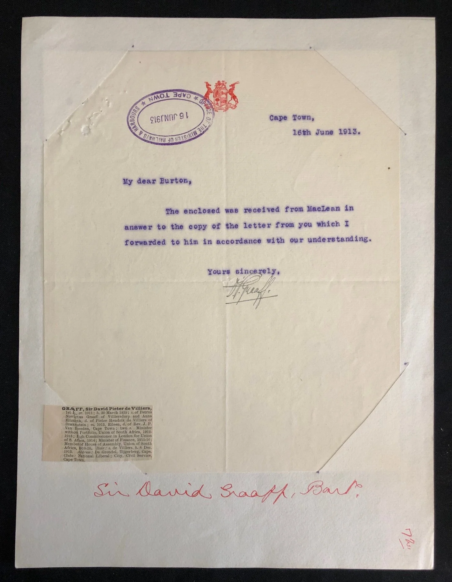 Letter signed by Sir David Pieter de Villiers Graaff, 1913 (Written during the white miners' strike)