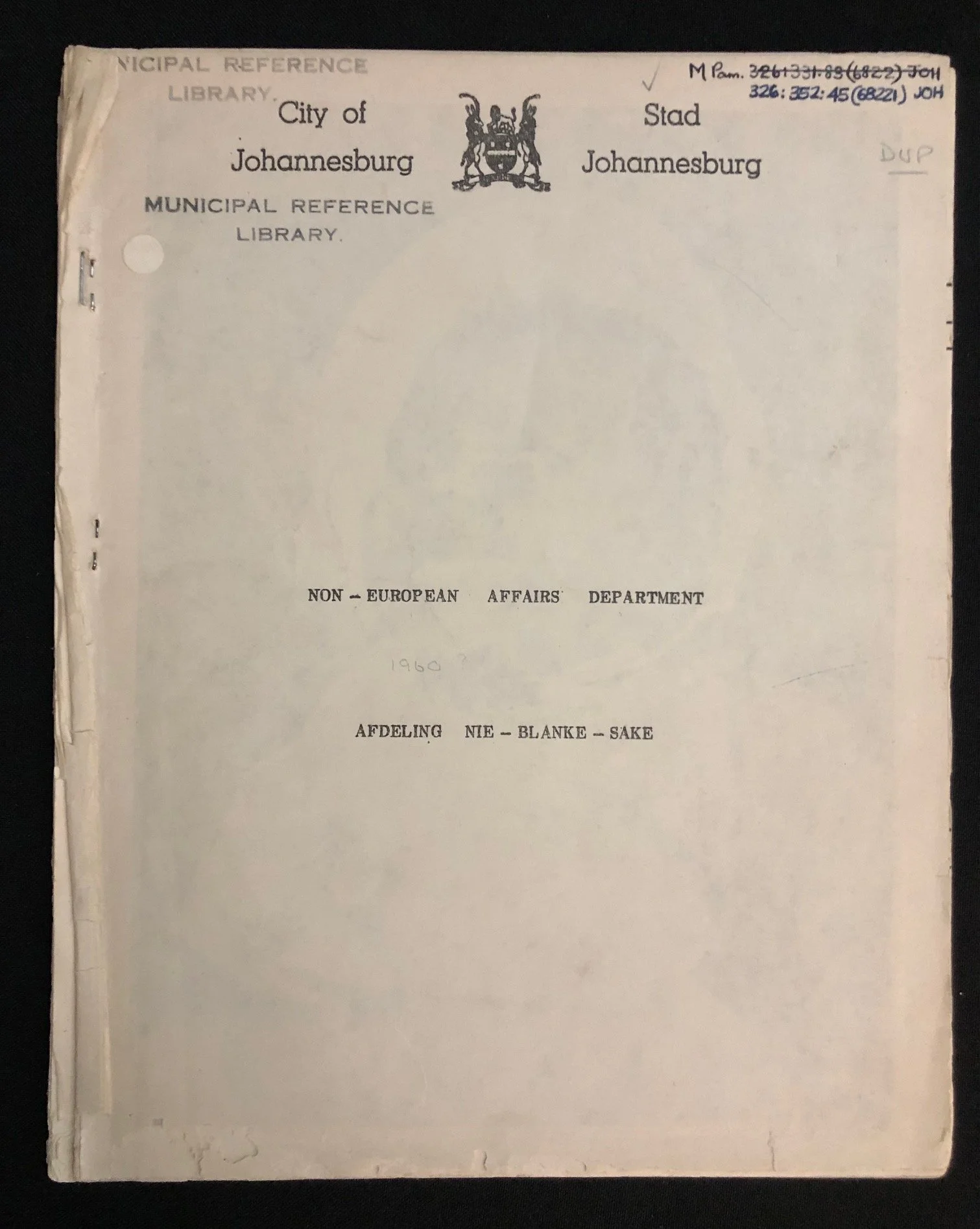 City of Johannesburg Non-European Affairs Department (c.1960)