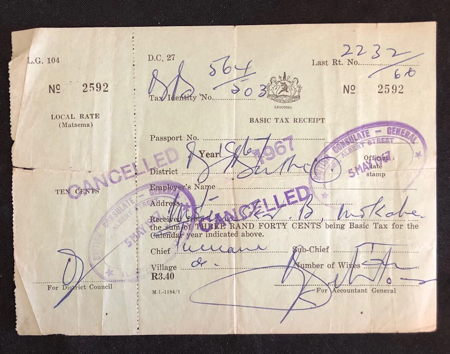 Lesotho Basic Tax Receipt (Segregation and “Hut Tax”) 1967