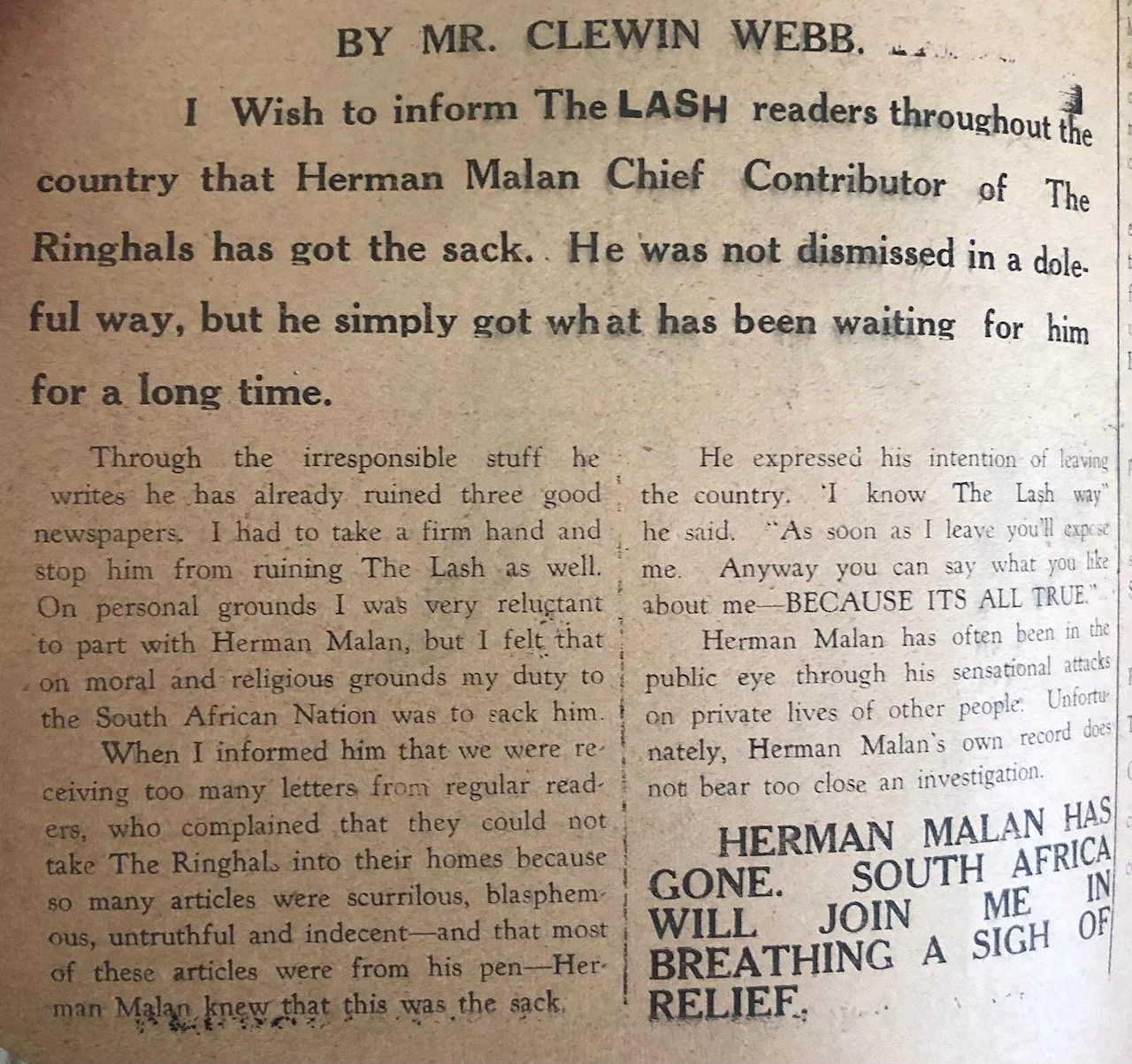 Front-page public denunciation of "Herman Malan." - Herman Charles Bosman (1934)