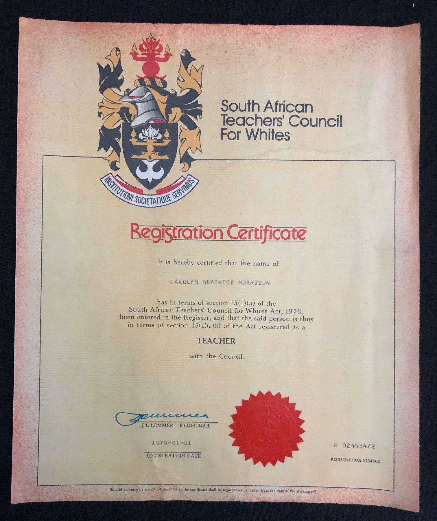 Apartheid era Registration Certificate issued by the South African Teachers’ Council for Whites 1978