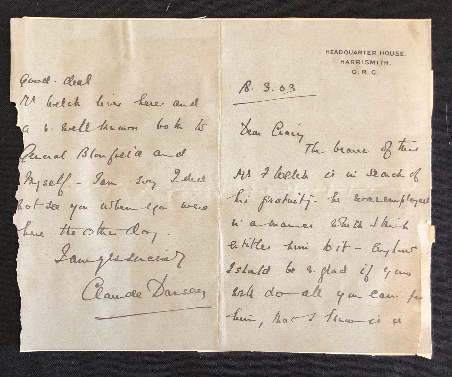 Manuscript Letter by Spymaster: Sir Claude Dansey (1903)