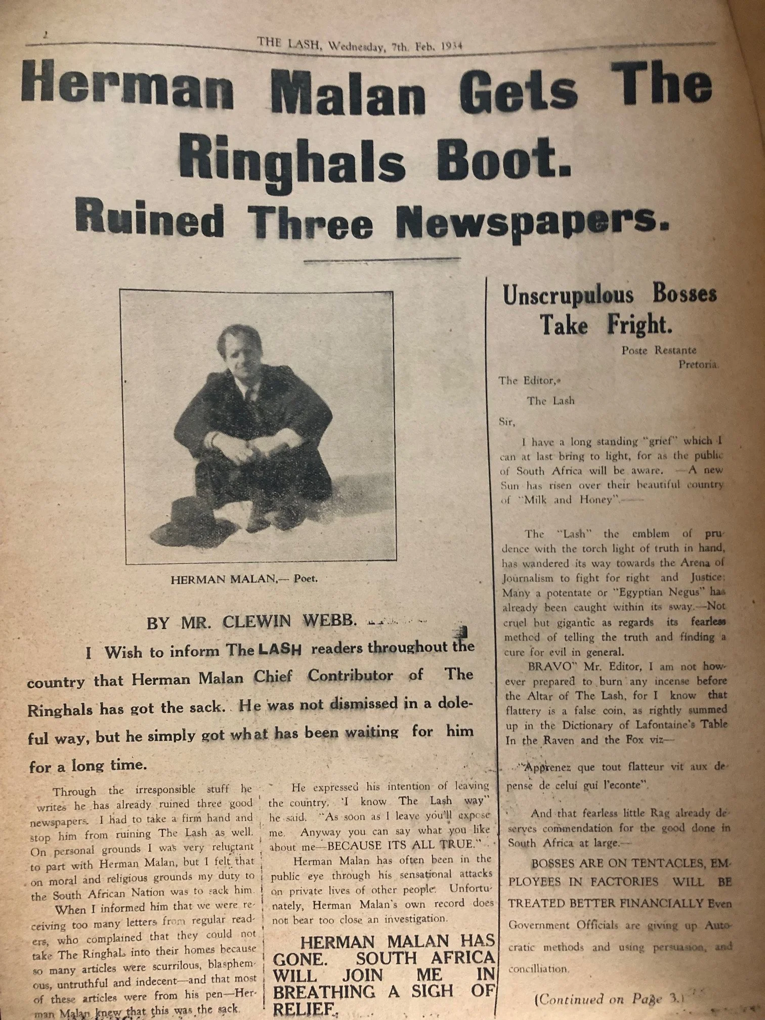 Front-page public denunciation of "Herman Malan." - Herman Charles Bosman (1934)