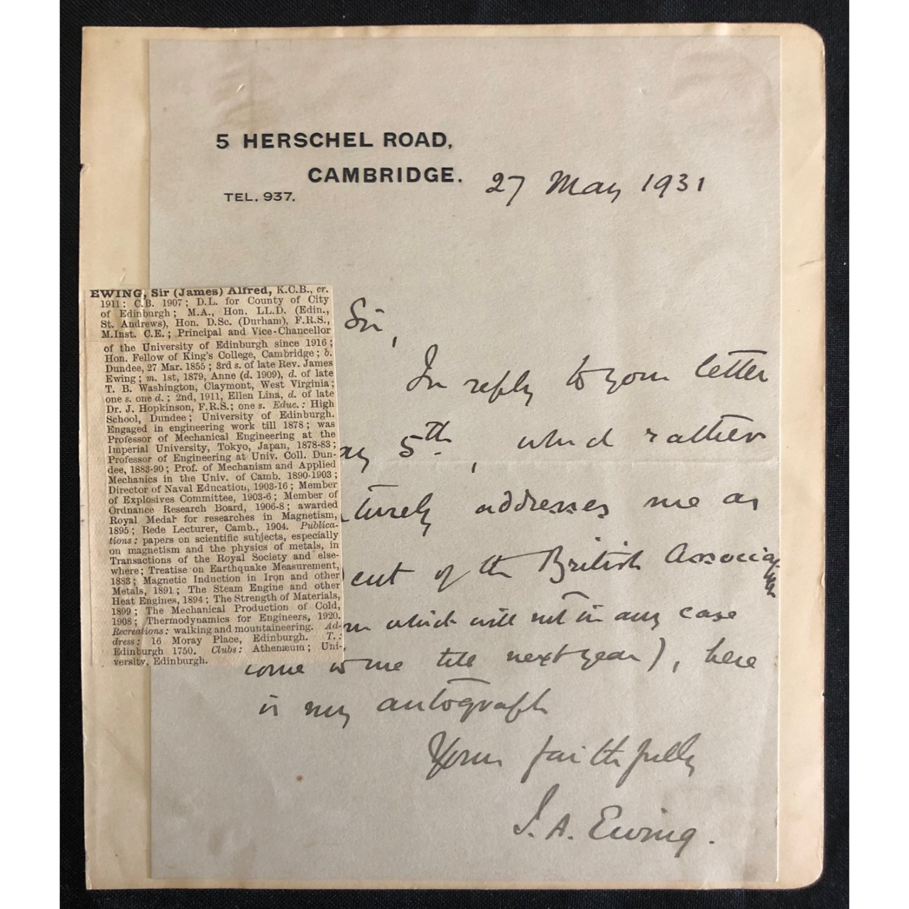 Manuscript Letter: ‘The Cipher King’, Sir James Alfred Ewing (1931) R2,000