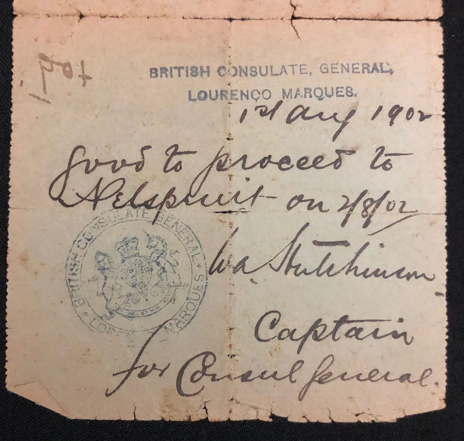Travel permit issued to Mr. H. T. Glynn, Eastern Transvaal (1902)