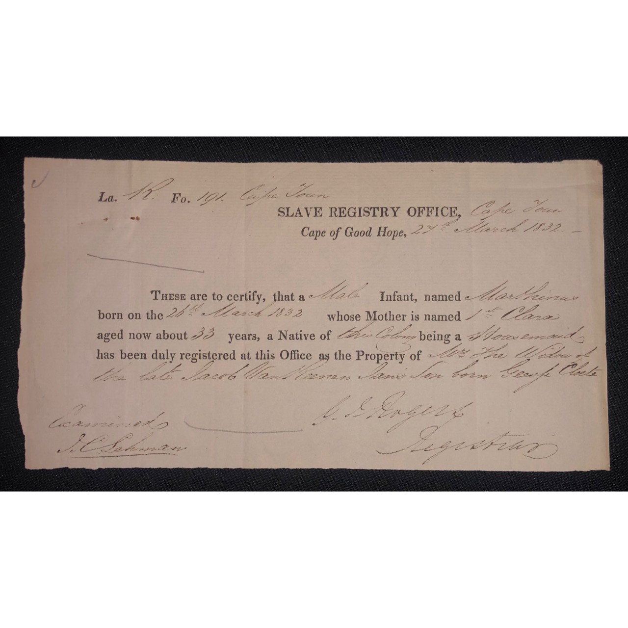 Birth Certificate for an Enslaved Infant (1832) R7,500