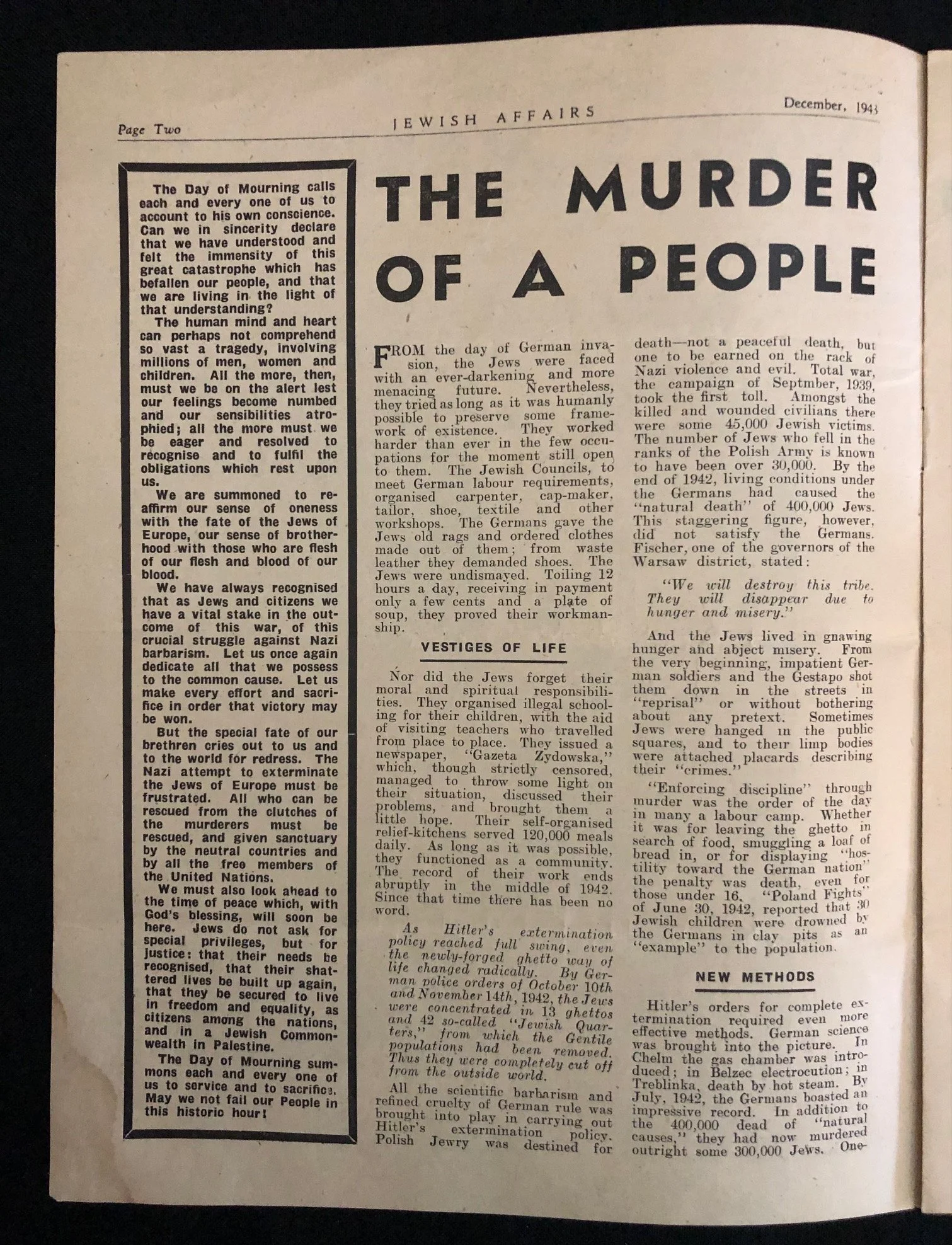 December 1943 issue of Jewish Affairs "Israel's Martyrdom," - Holocaust