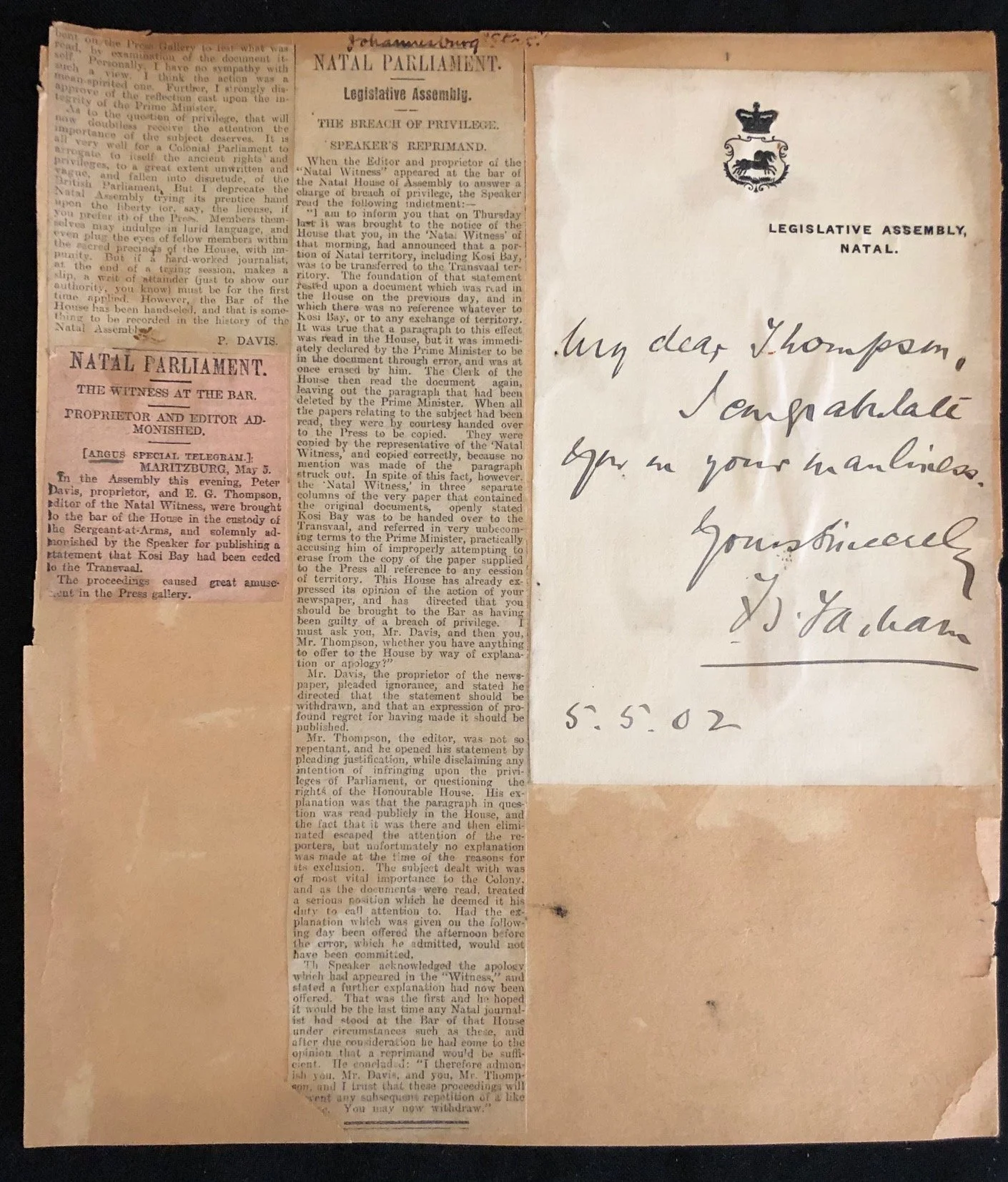 A Breach of Parliamentary Privilege ref: Treaty of Vereeniging 
31 May 1902