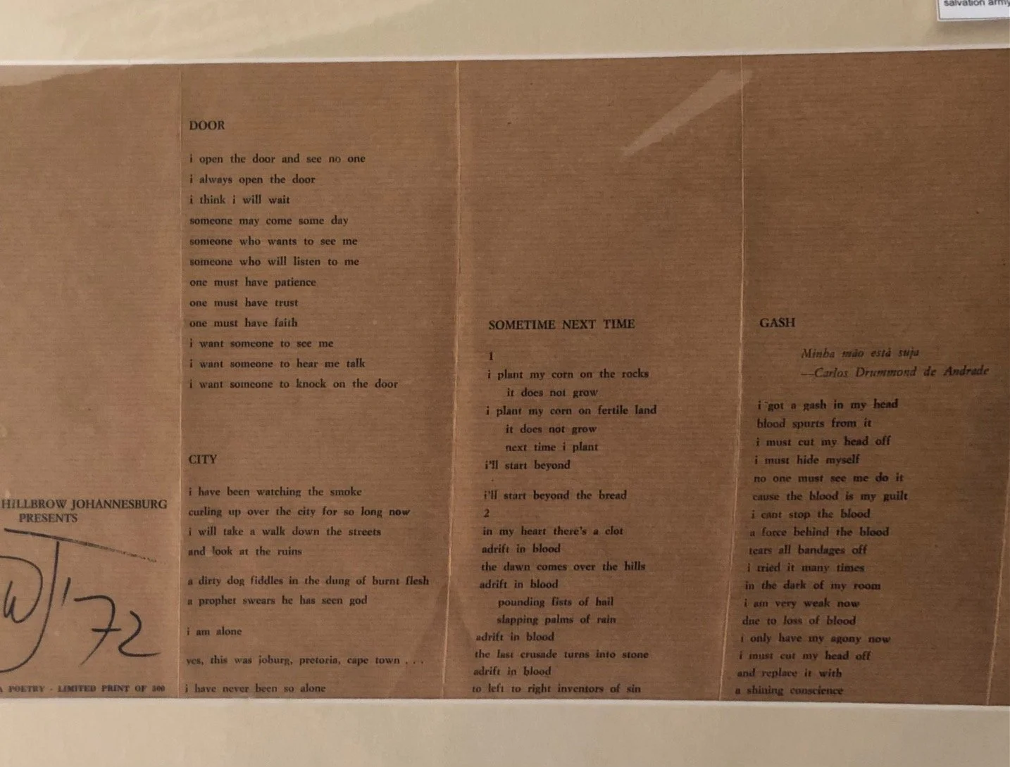 Poetry Exhibition Pamphlet, Hillbrow Johannesburg. Signed by Wopko Jensma (1972)