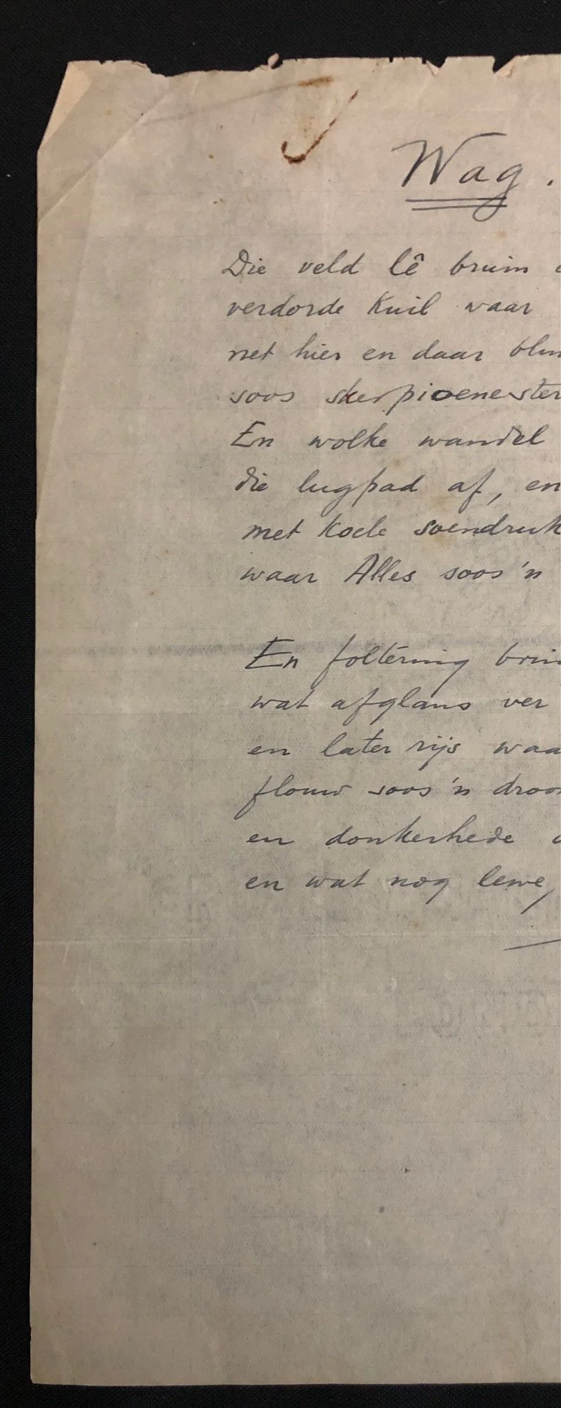 Manuscript Poem, "Wag" (Wait). By Prof. Daniël François Malherbe (c.1920) 