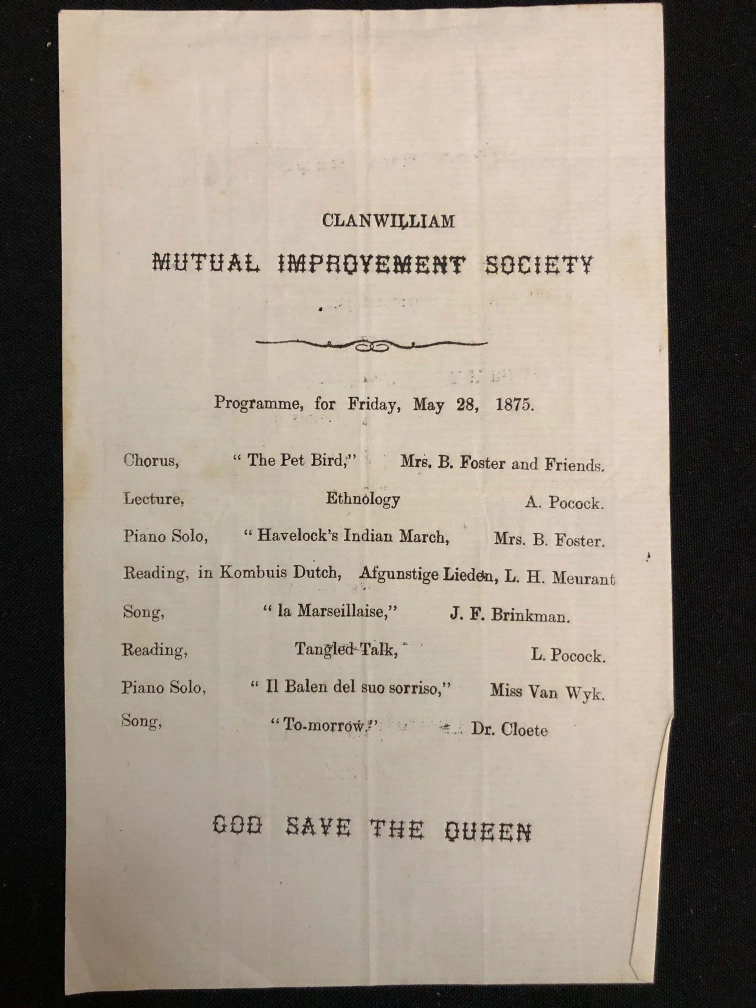 "Kombuis Dutch" (Kitchen Dutch) - Clanwilliam Mutual Improvement Society (1875)