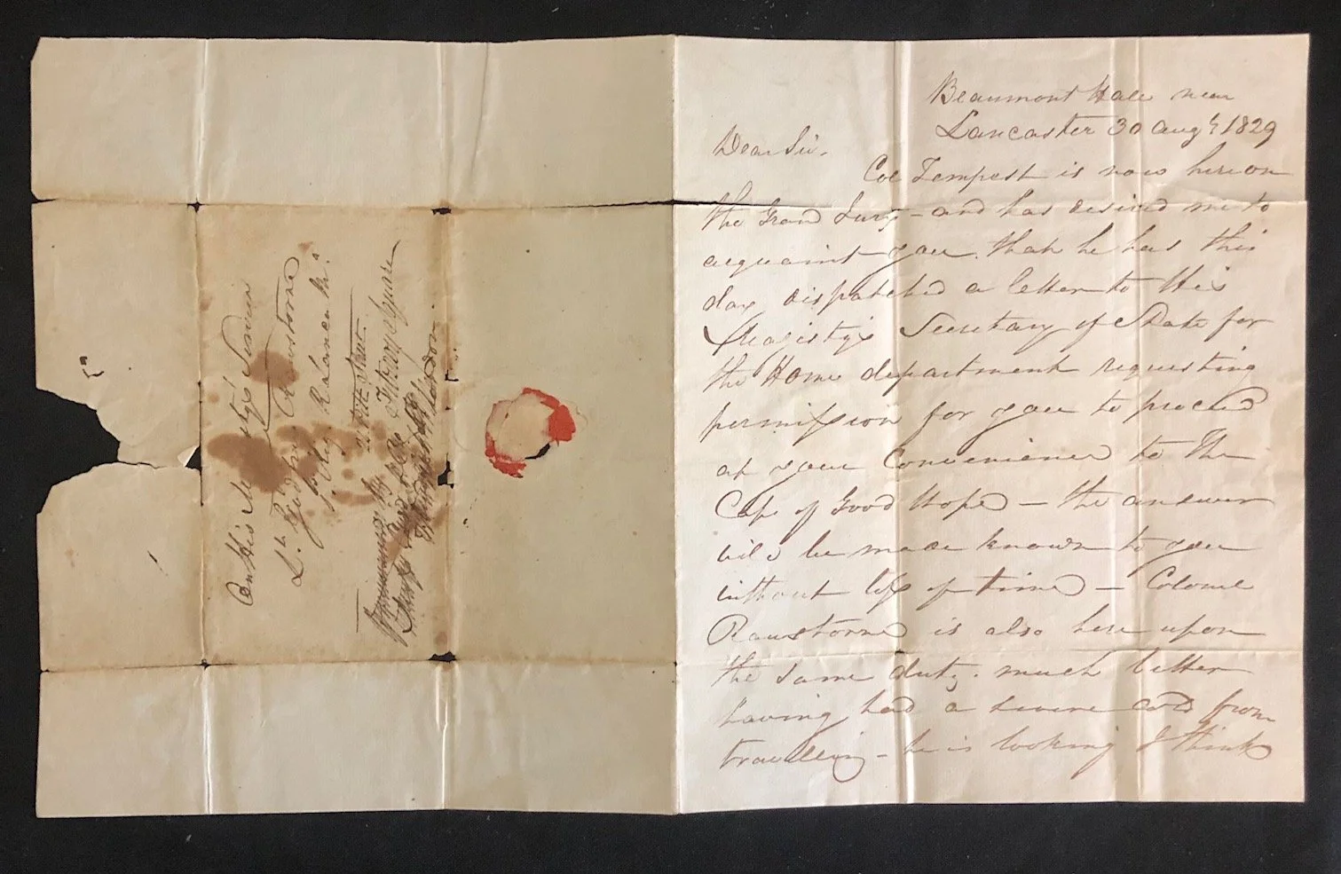 Manuscript letter linking landed gentry of Lancashire to the colonial administration of the Cape of Good Hope (1829)
