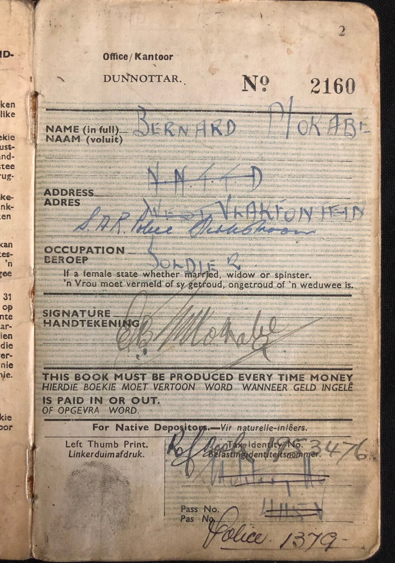 Post Office Savings Book - “Native” Bernard Mokabe - member of the Native Military Corps (NMC) 1946