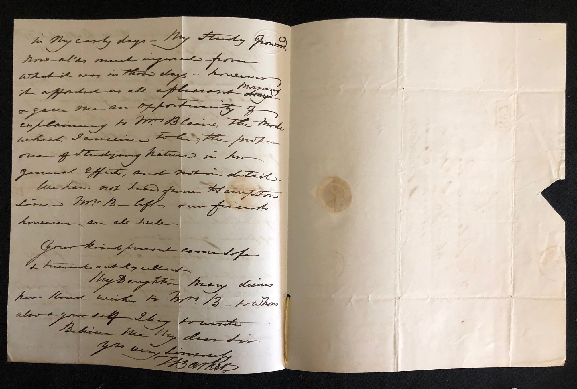 Manuscript Letter: English landscape and genre painter Thomas Barker of Bath (1838)