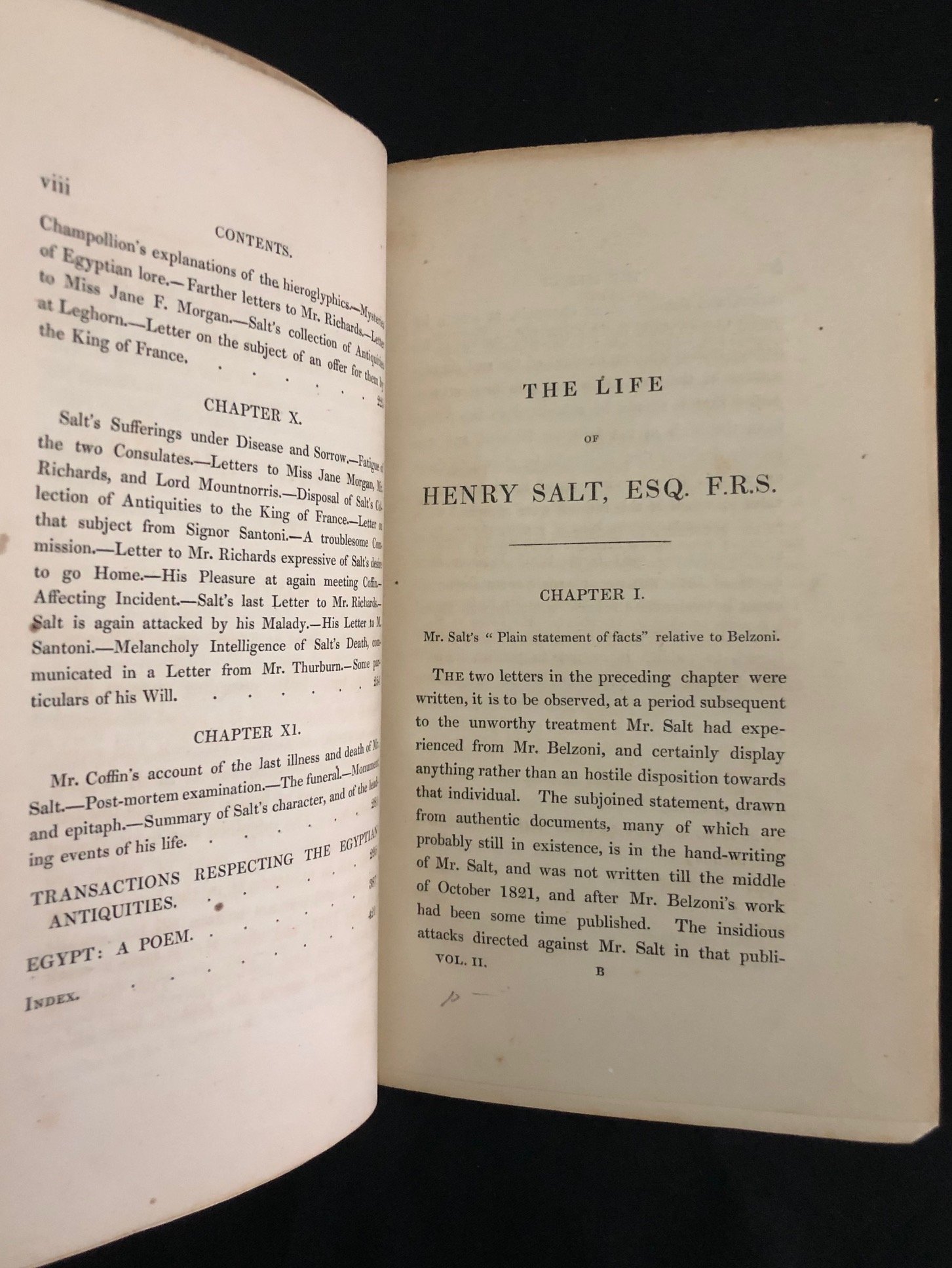 Two-volume Biography of Henry Salt, published in 1834 by his close friend, the painter J. J. Halls.