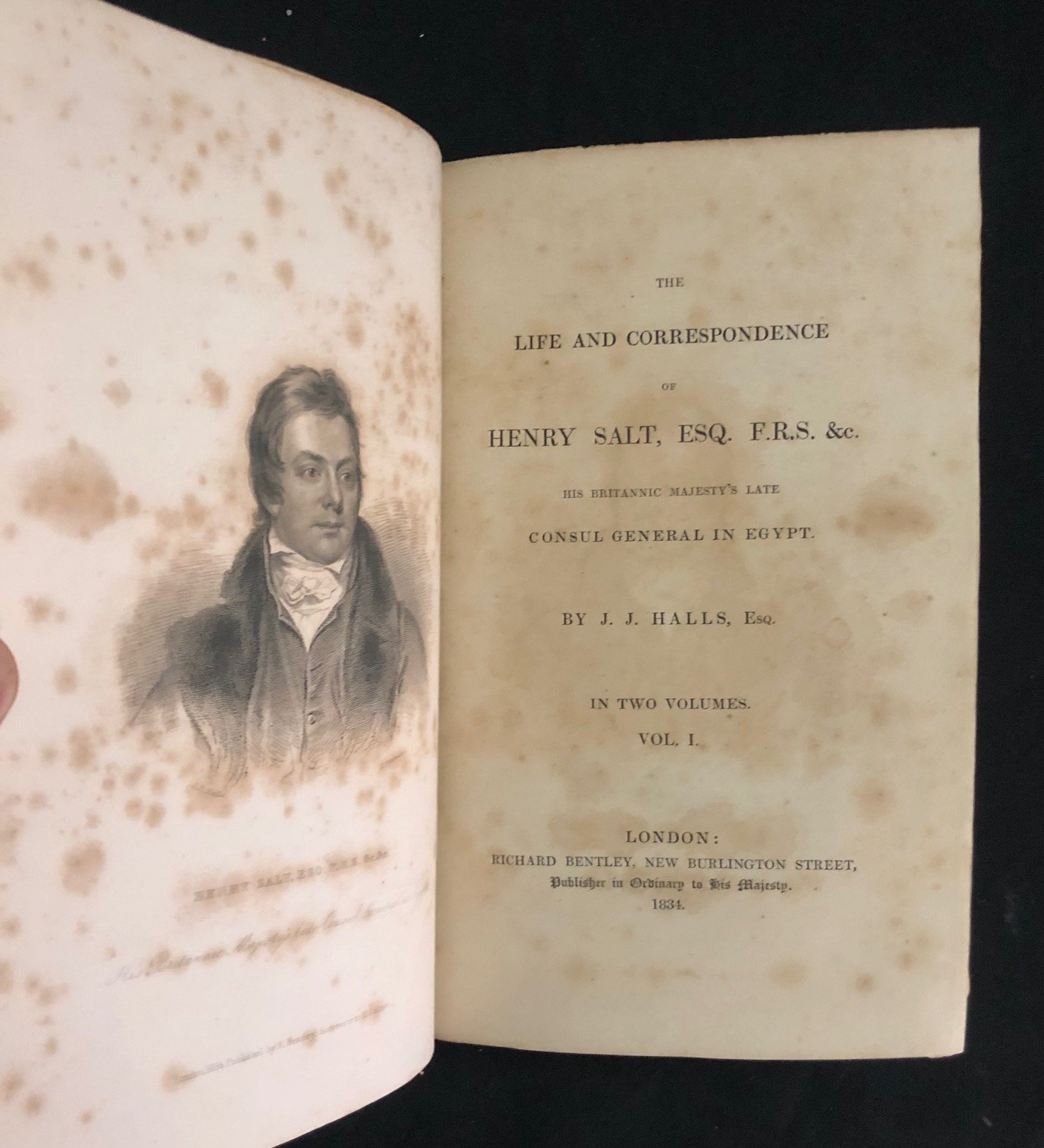 Two-volume Biography of Henry Salt, published in 1834 by his close friend, the painter J. J. Halls.
