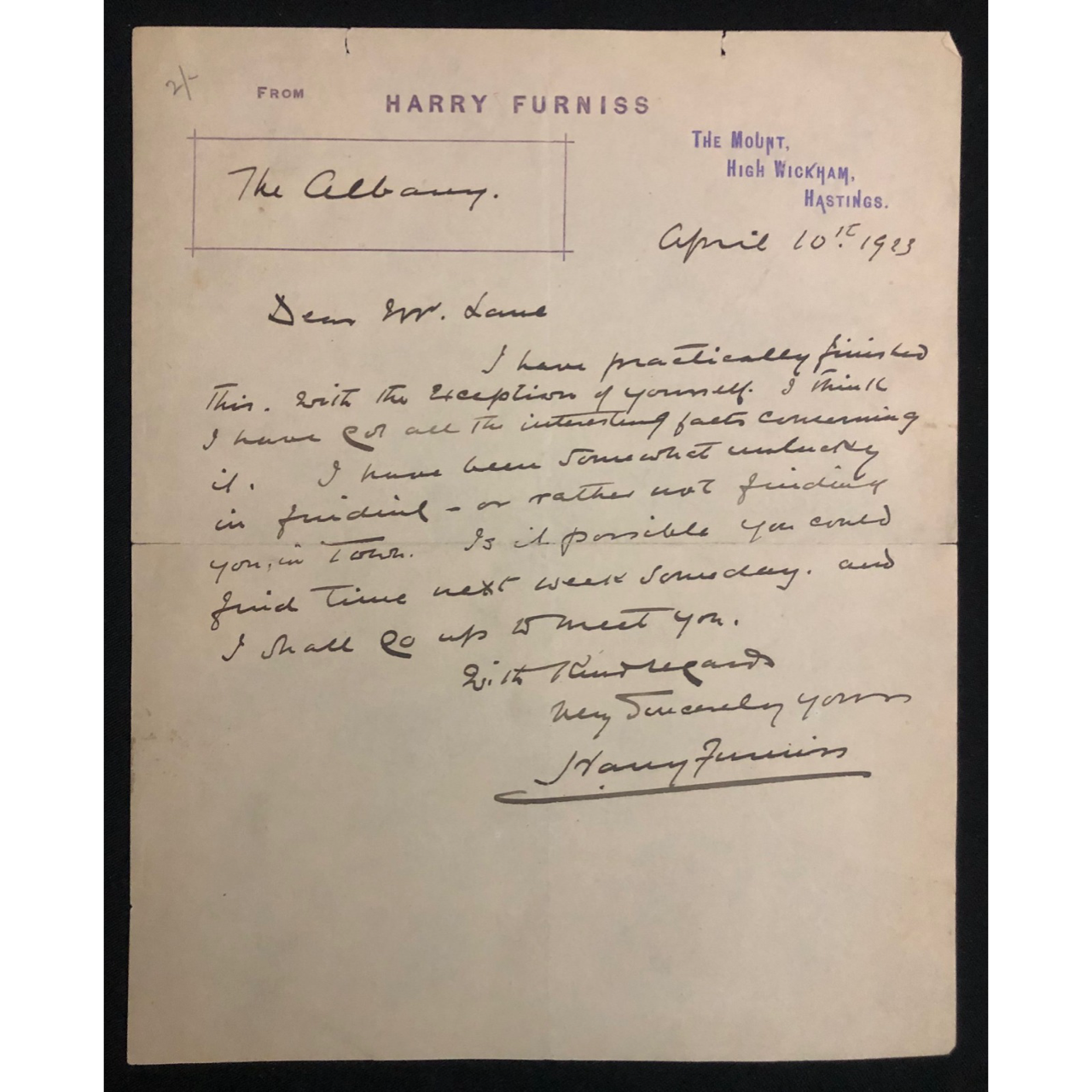 Harry Furniss to publisher John Lane (1923) R2,000