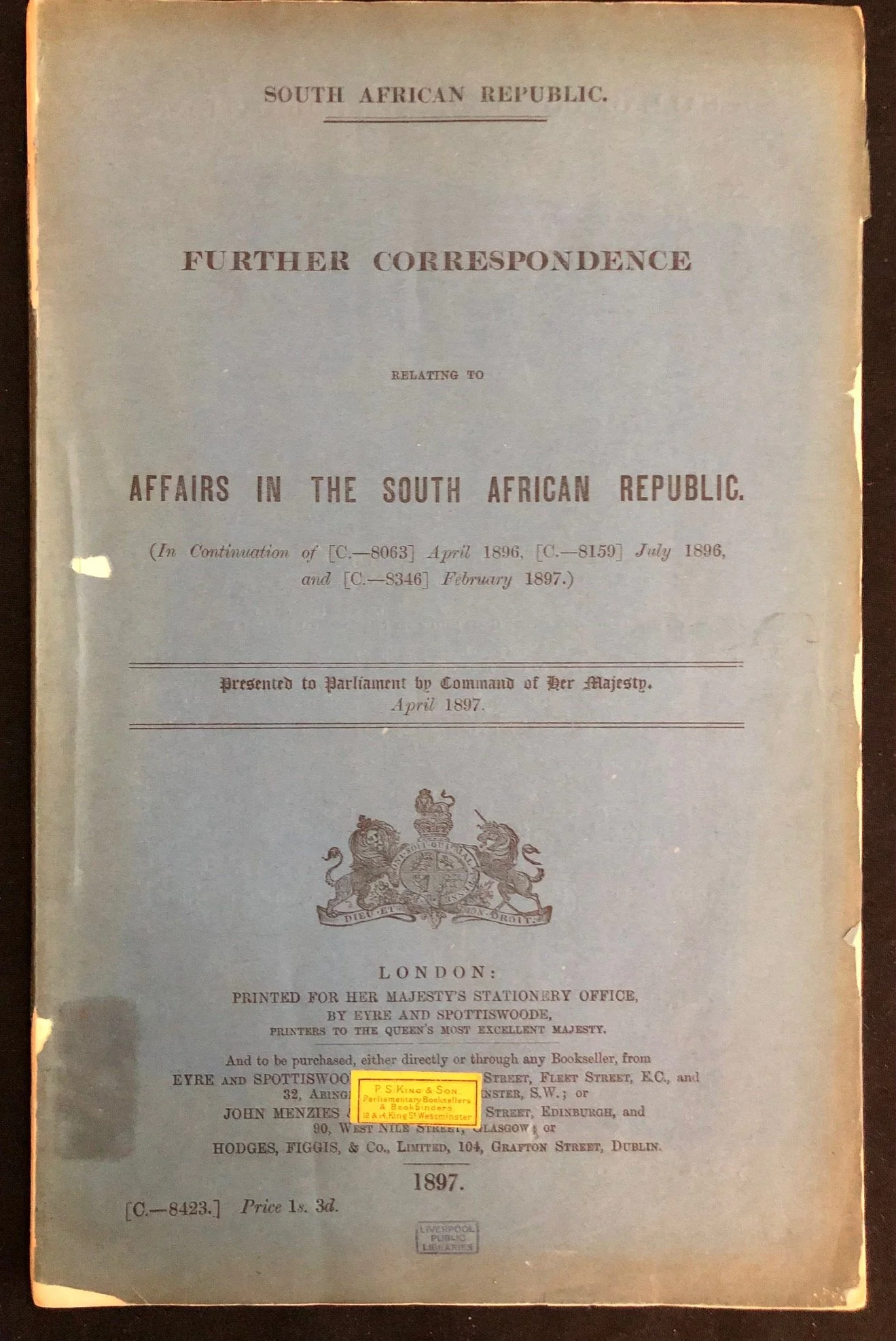 Blue Book: Jameson Raid; December 1895–January 1896 (1897) R1,250