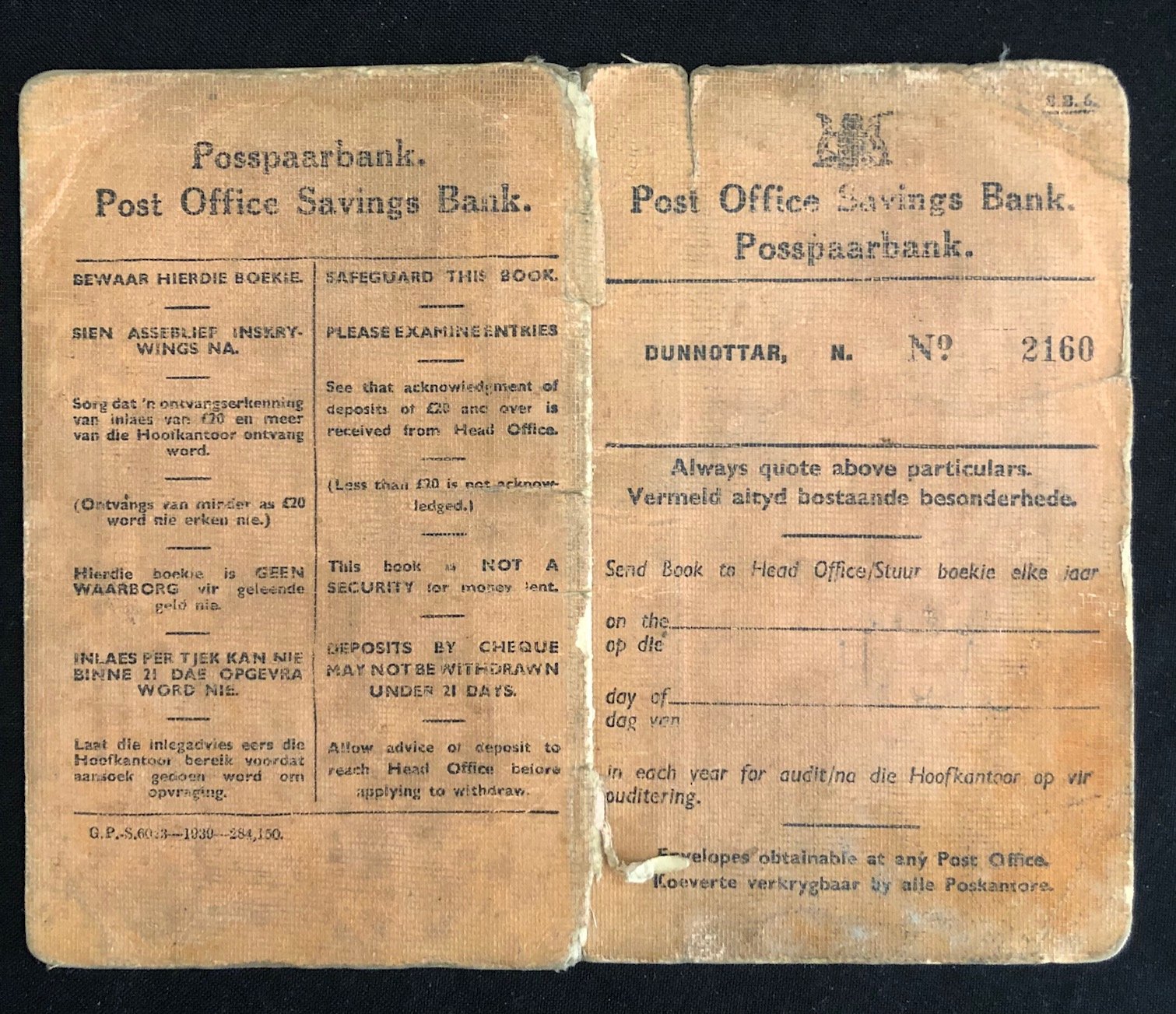 Post Office Savings Book - “Native” Bernard Mokabe - member of the Native Military Corps (NMC) 1946