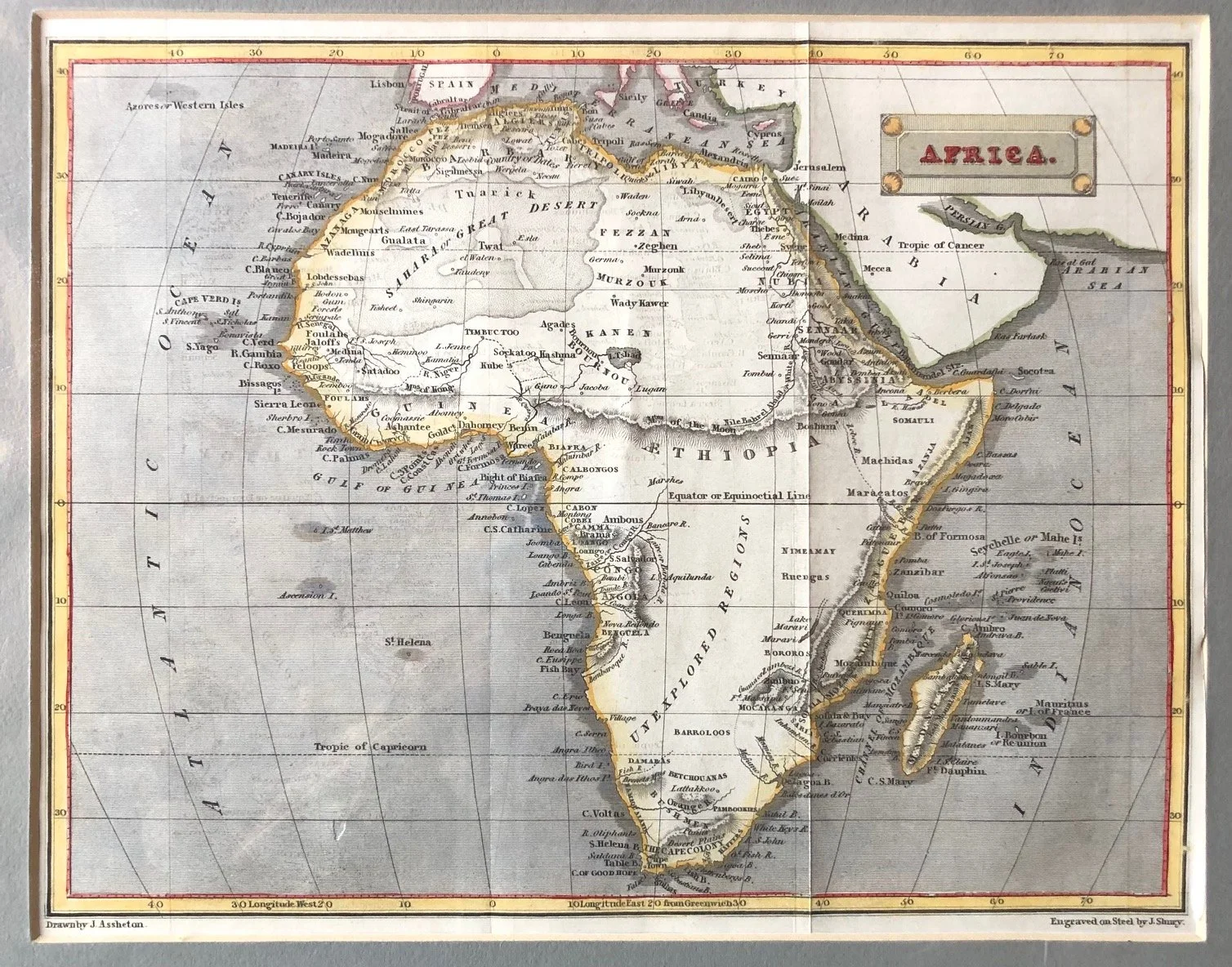 Map of Africa by J. Assheton and engraved by J. Shury (c.1830)