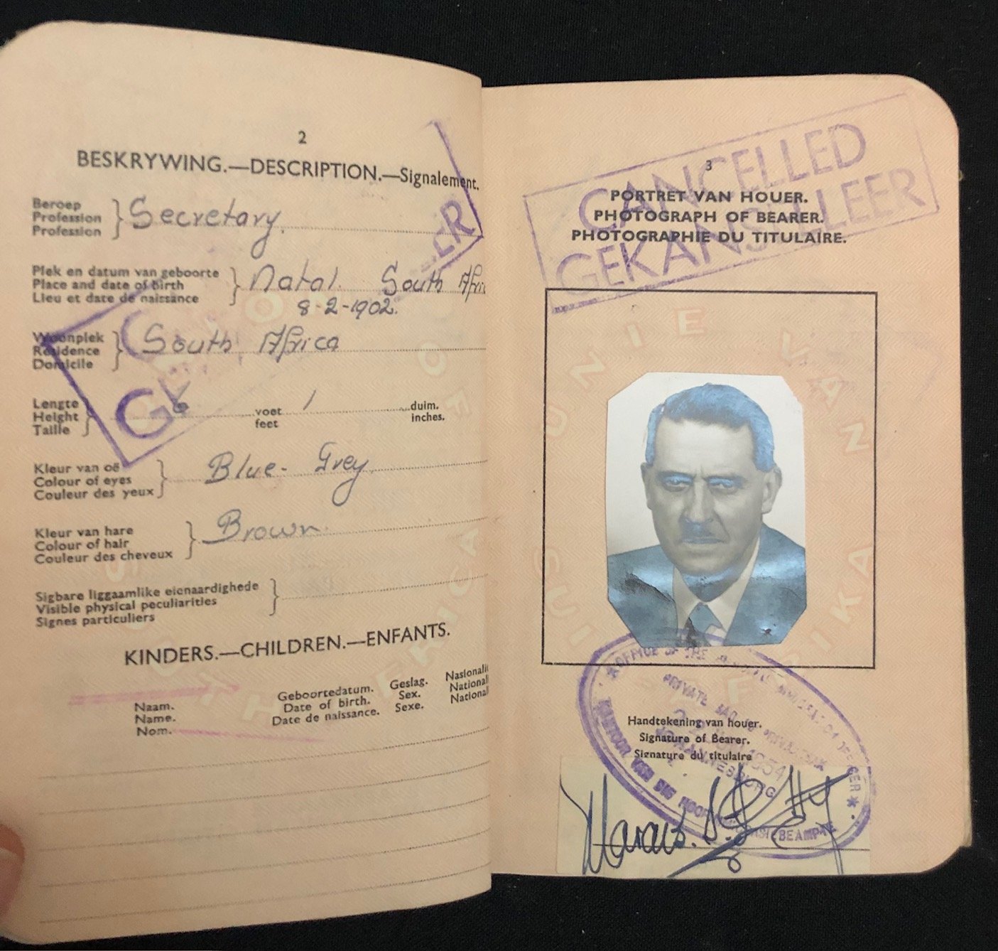 Three passports issued during the Union of South Africa period 
(1910–1961).