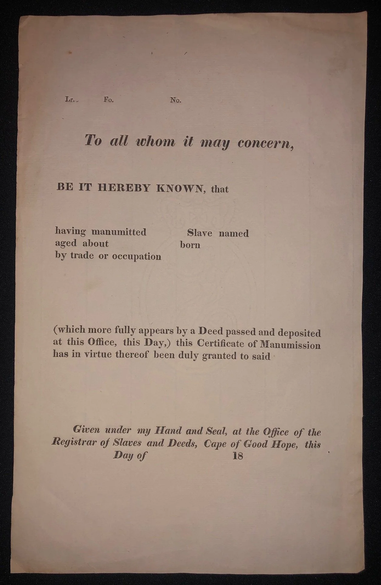Certificate of Slave Manumission c.1830