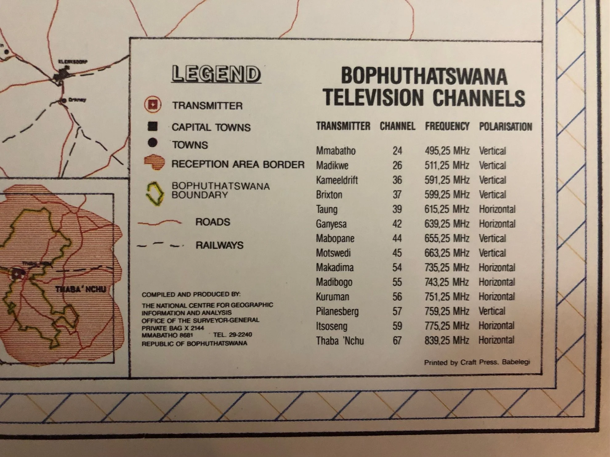 Map for Bophuthatswana Television (Bop TV) - apartheid South Africa (c.1986)