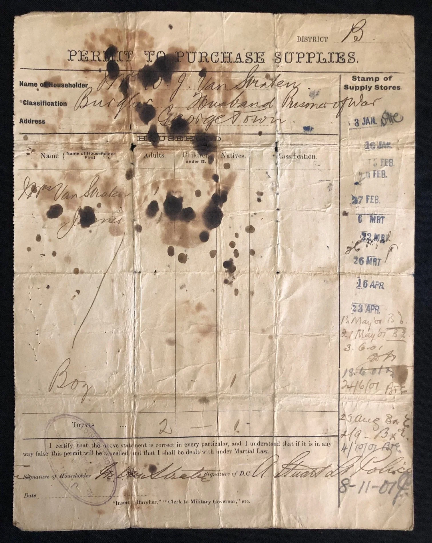"Permit to Purchase Supplies". British Martial Law, Jan 1901.