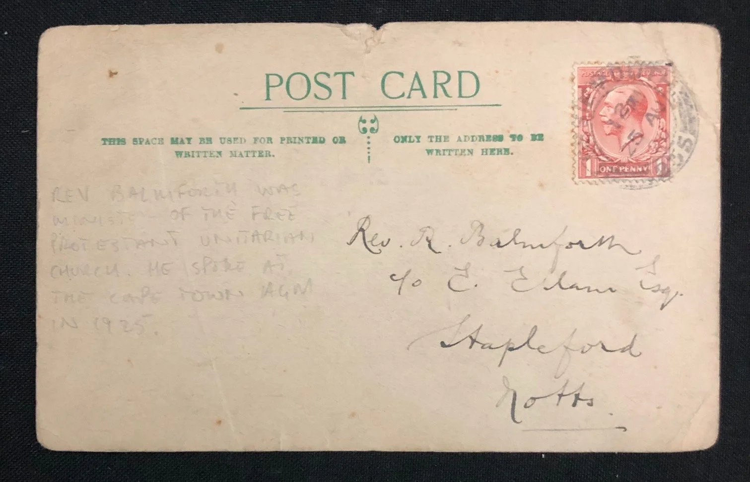 Postcard written by Labour PM, James Ramsay MacDonald. 1920.