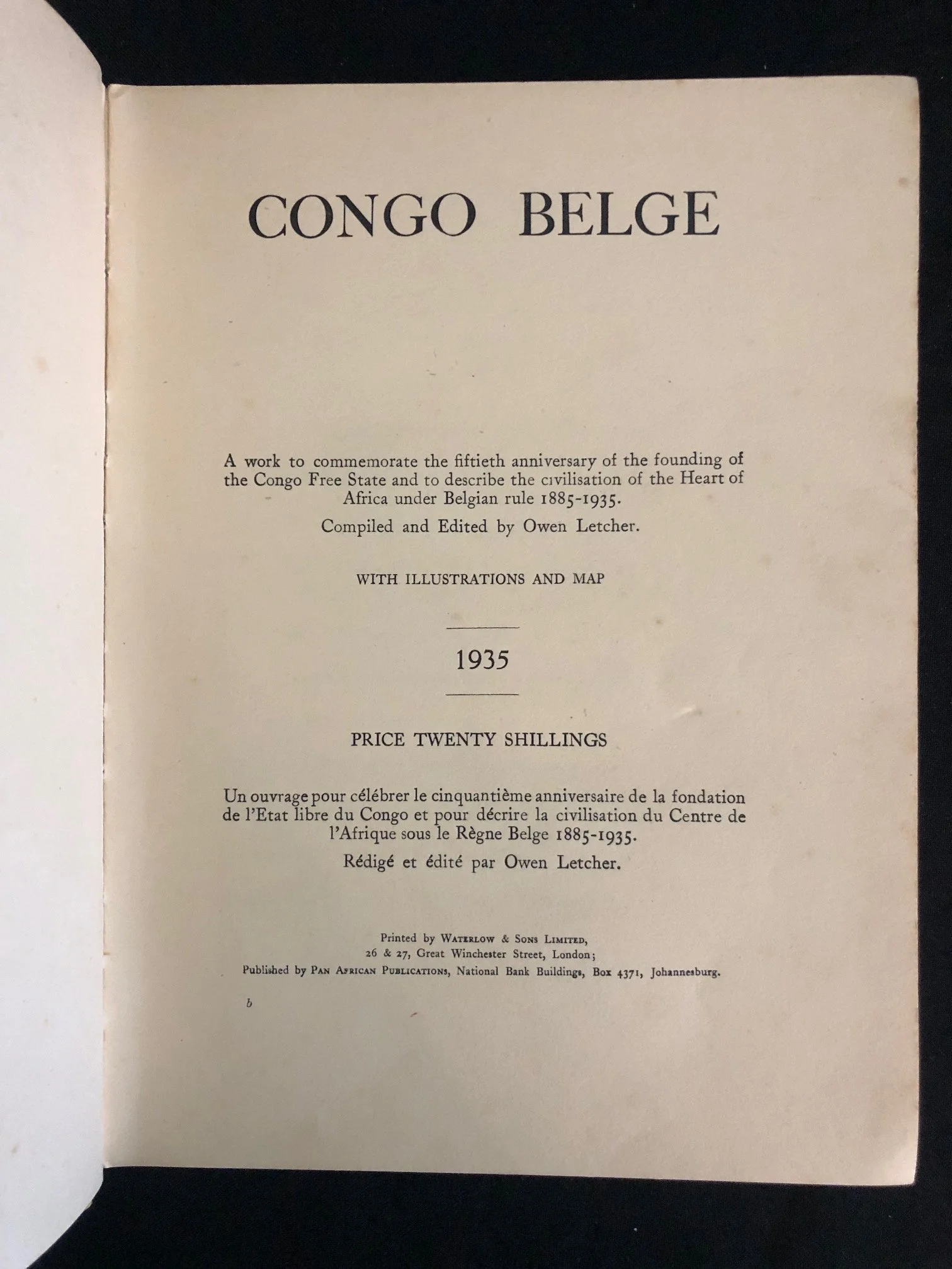 Owen Letcher’s Congo Belge, published in Johannesburg (1935)
