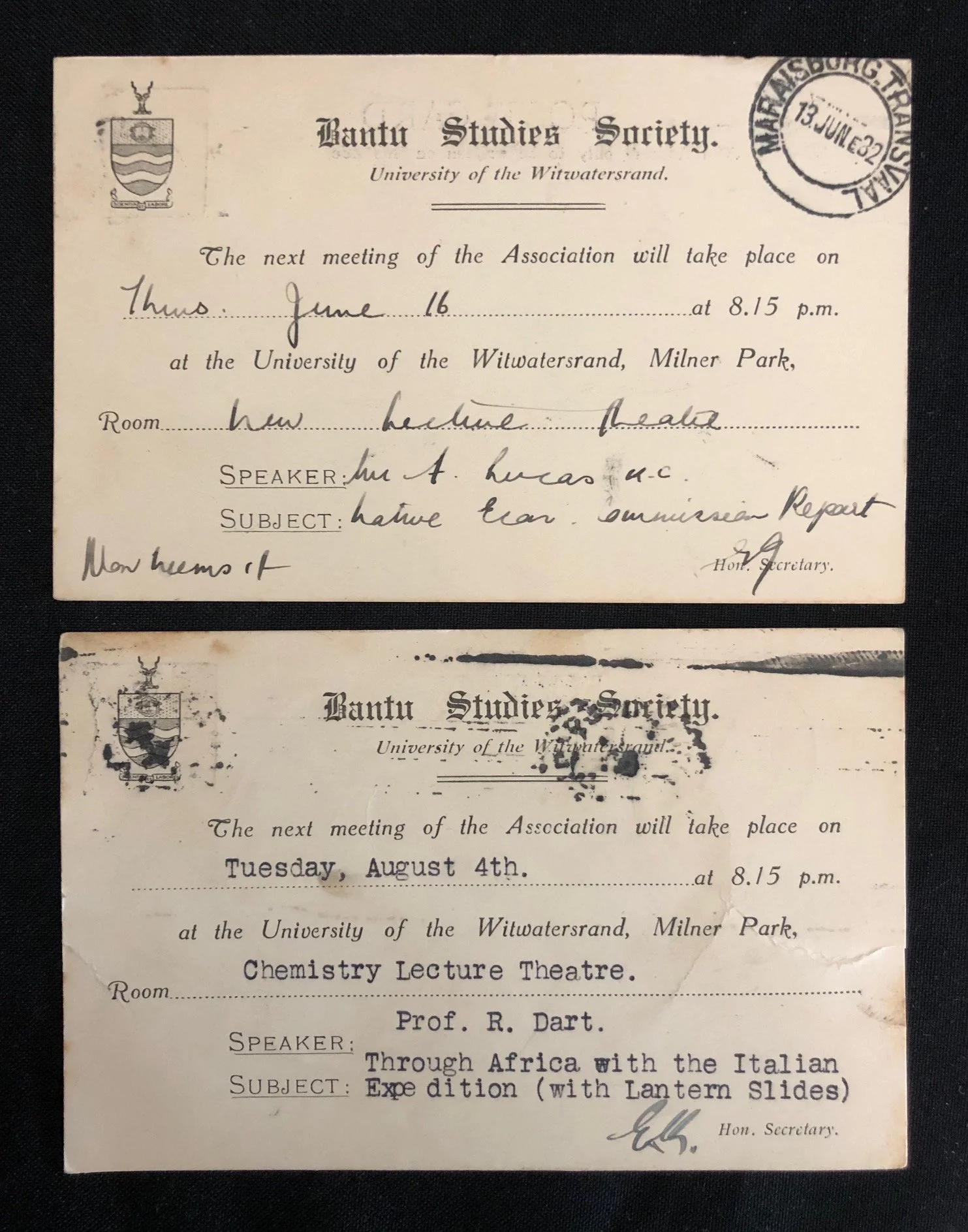 Invitation to attend a Raymond Dart Lecture from the Bantu Studies Society, Wits (1932)