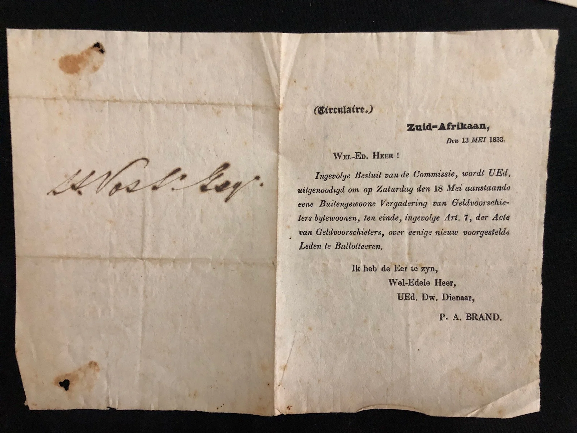 (Circulaire.) / Zuid-Afrikaan, / Den 13 MEI 1833