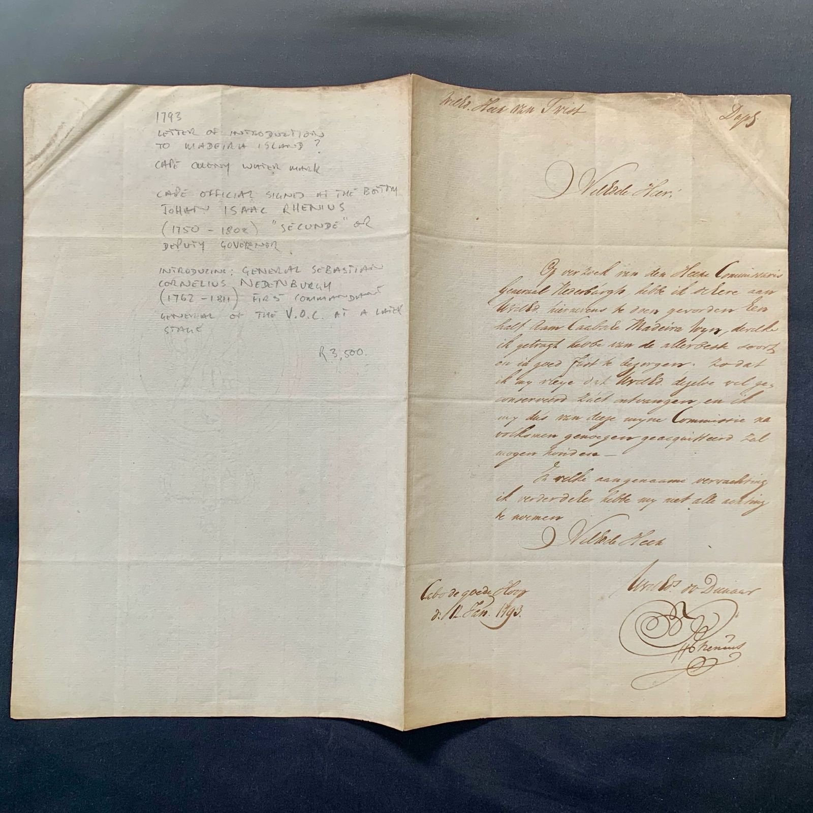 Document: Letter signed by Johan Isaac Rhenius 1793 R3,500