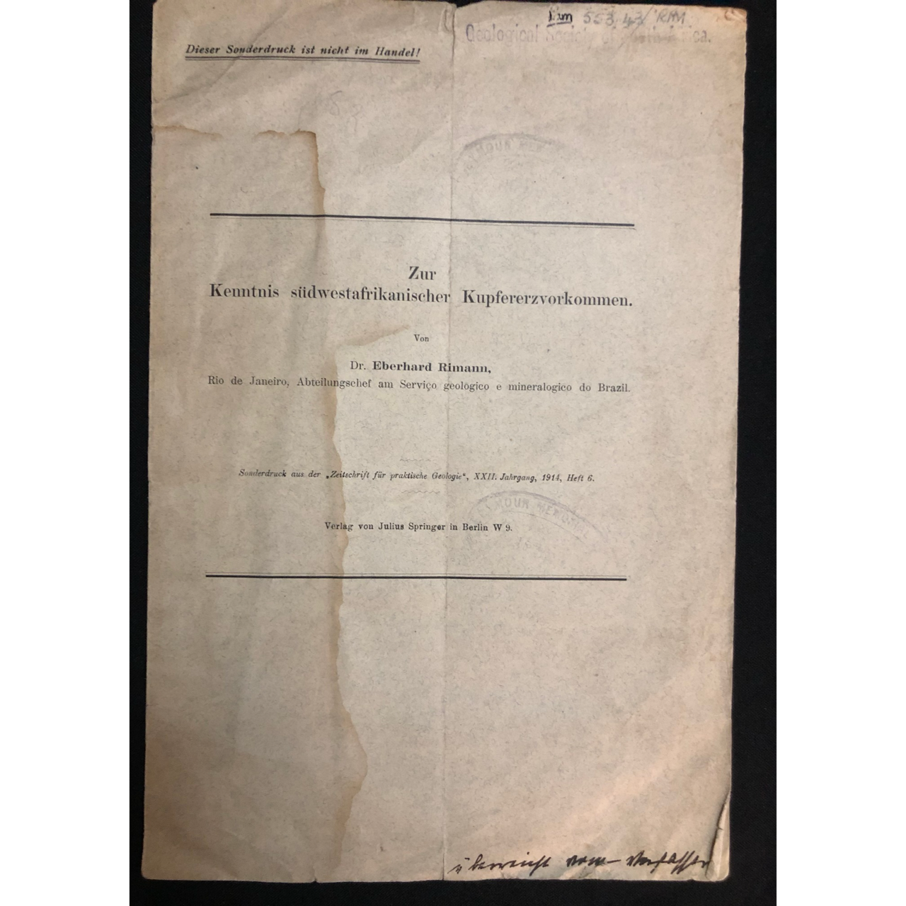 SWA Copper Ore Deposits by Dr. Eberhard Rimann, inscribed (1914) R1,750