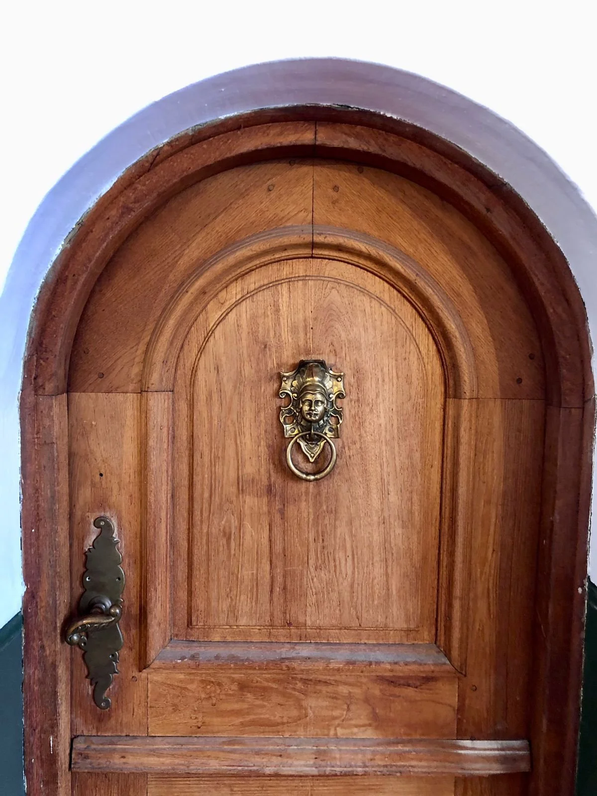 A wooden door with an ornate brass lion head door knocker and vintage brass handle, set within a rounded wooden arched frame.